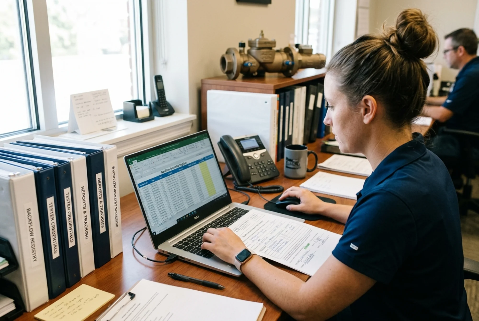 Operations coordinator updating a backflow assembly register, tester credential check, and report-tracking workflow on a laptop with organized binders and a completed field test report on a desk, natural office lighting, no logos or text overlay