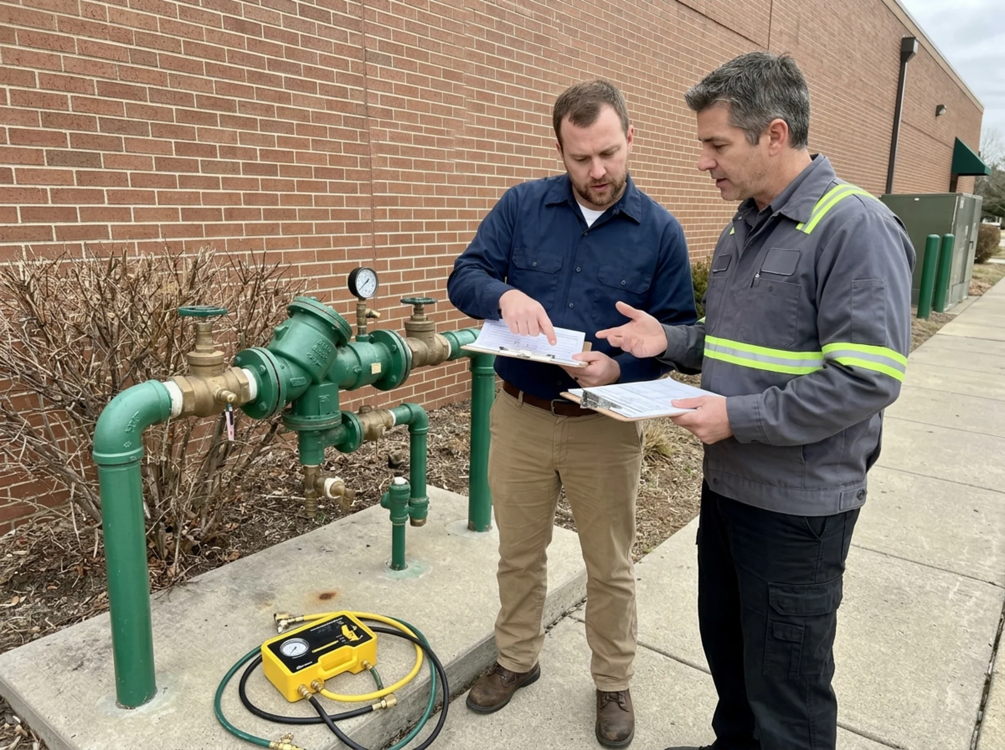 Property manager and certified backflow tester reviewing a failed test report, repair quote, and retest action plan beside a service entrance assembly, realistic documentary style, natural daylight, no logos or text overlay