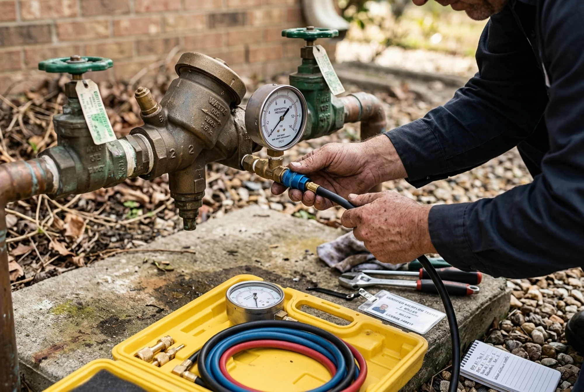 Close-up photo of a certified backflow tester's hands attaching a differential pressure gauge to a reduced pressure zone assembly outdoors, with test kit and hoses visible on the ground, natural lighting