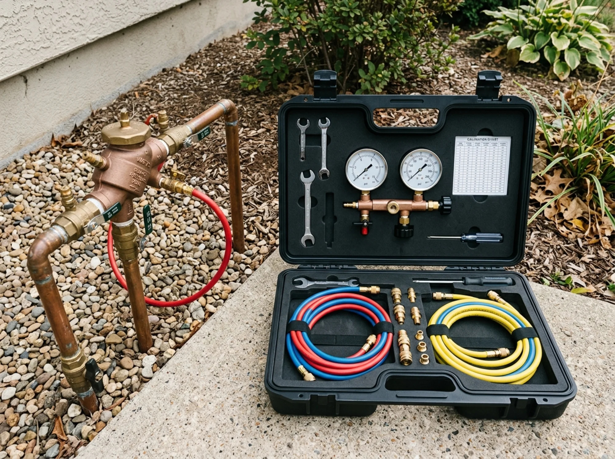 Overhead photo of a neatly organized backflow test kit open on the ground next to a residential backflow assembly, showing calibrated gauges, hoses, and fittings, daylight, no logos