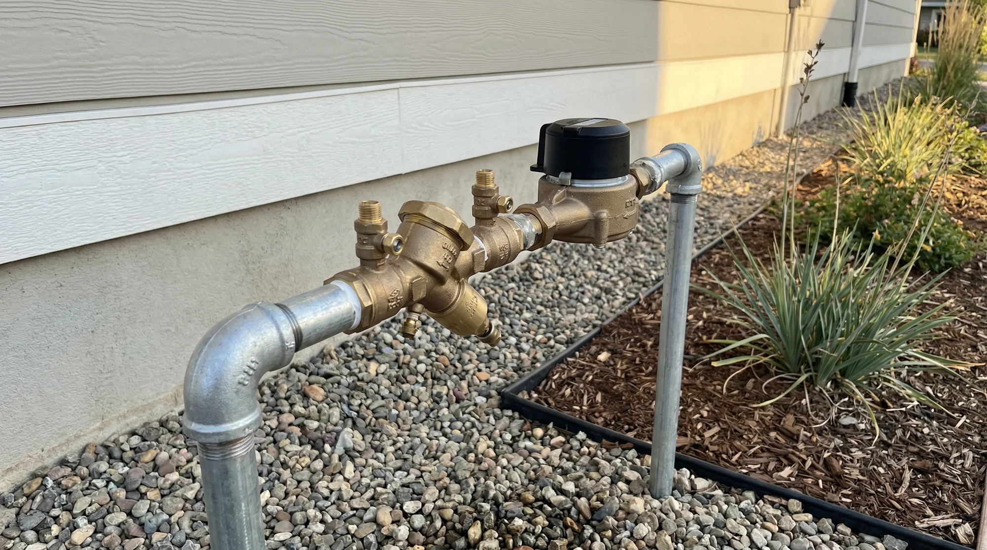 Residential water meter and backflow prevention assembly installed on a main water line