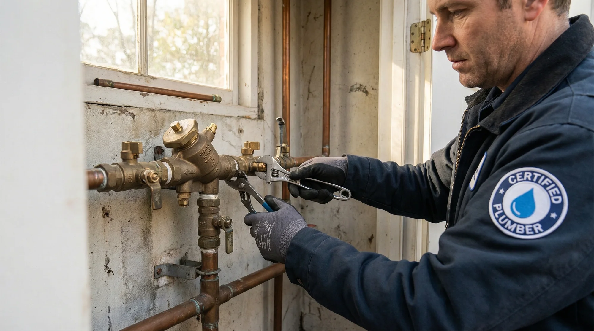 Certified technician servicing a backflow prevention assembly during a maintenance inspection