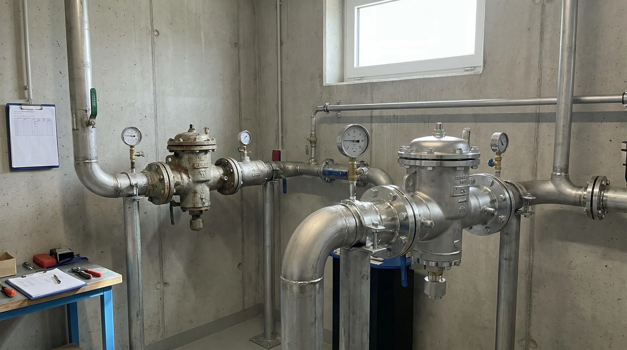 Industrial water pipes and backflow prevention valves in a utility room