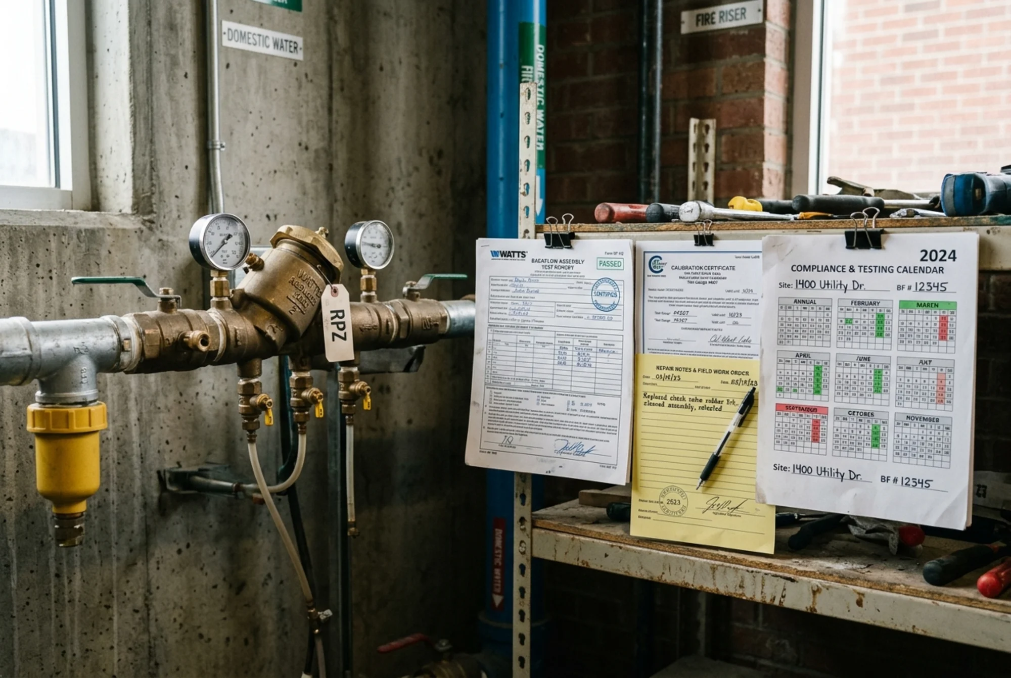 Close-up documentation scene with test report, calibration certificate, repair notes, and compliance calendar beside a backflow assembly