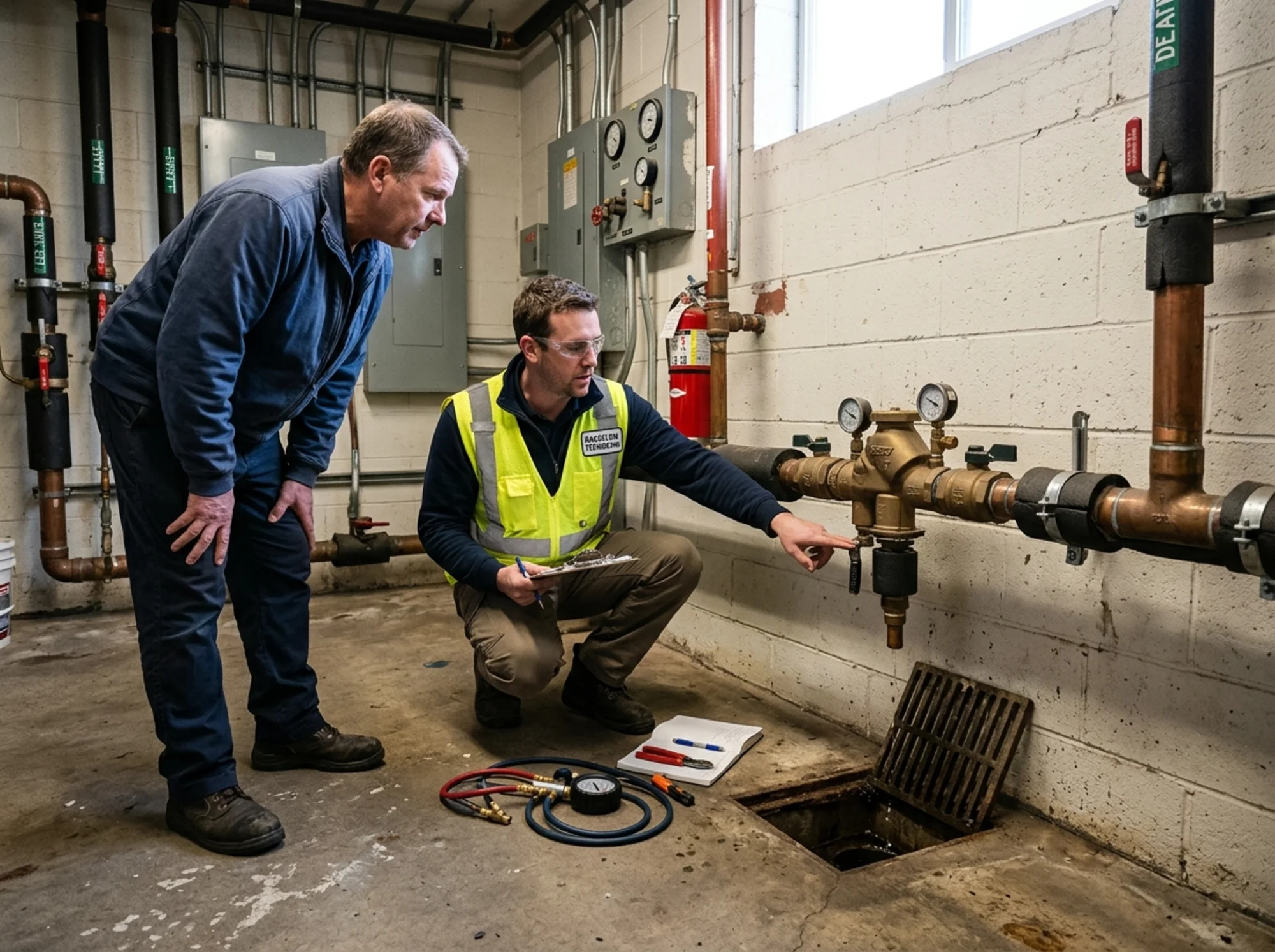 Realistic mechanical-room or service-entrance scene with a property owner reviewing drainage and clearance around an RPZ assembly with a certified tester