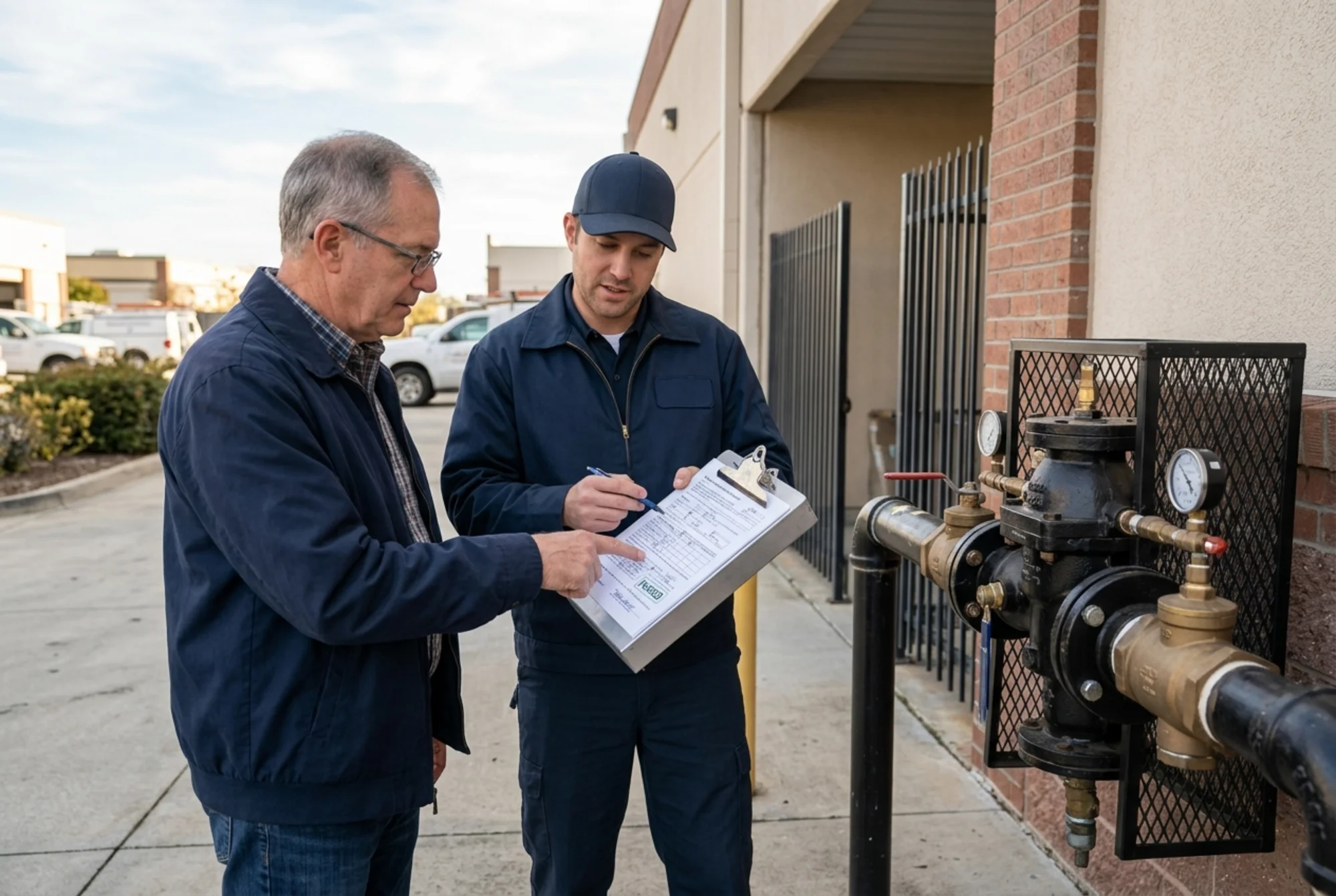 Realistic photo of a property owner reviewing a completed backflow field test report with a uniformed technician beside an exterior commercial backflow assembly, natural lighting, no visible logos or text overlay