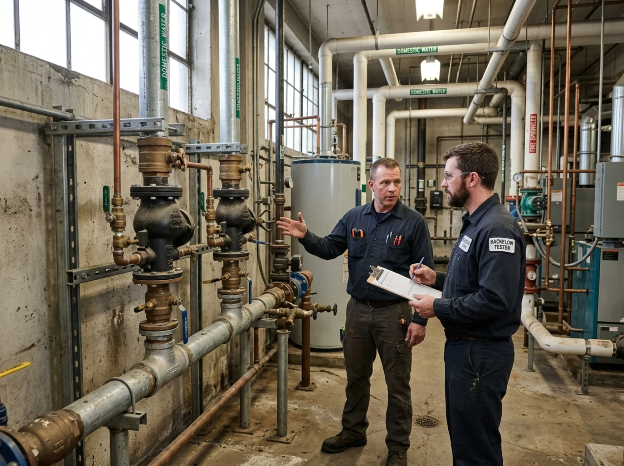 Realistic wide photo of a commercial mechanical room with multiple backflow assemblies, visible shutoff valves and test cocks, while a plumber and a certified tester discuss next steps beside a clipboard, natural industrial lighting, no logos or text overlay