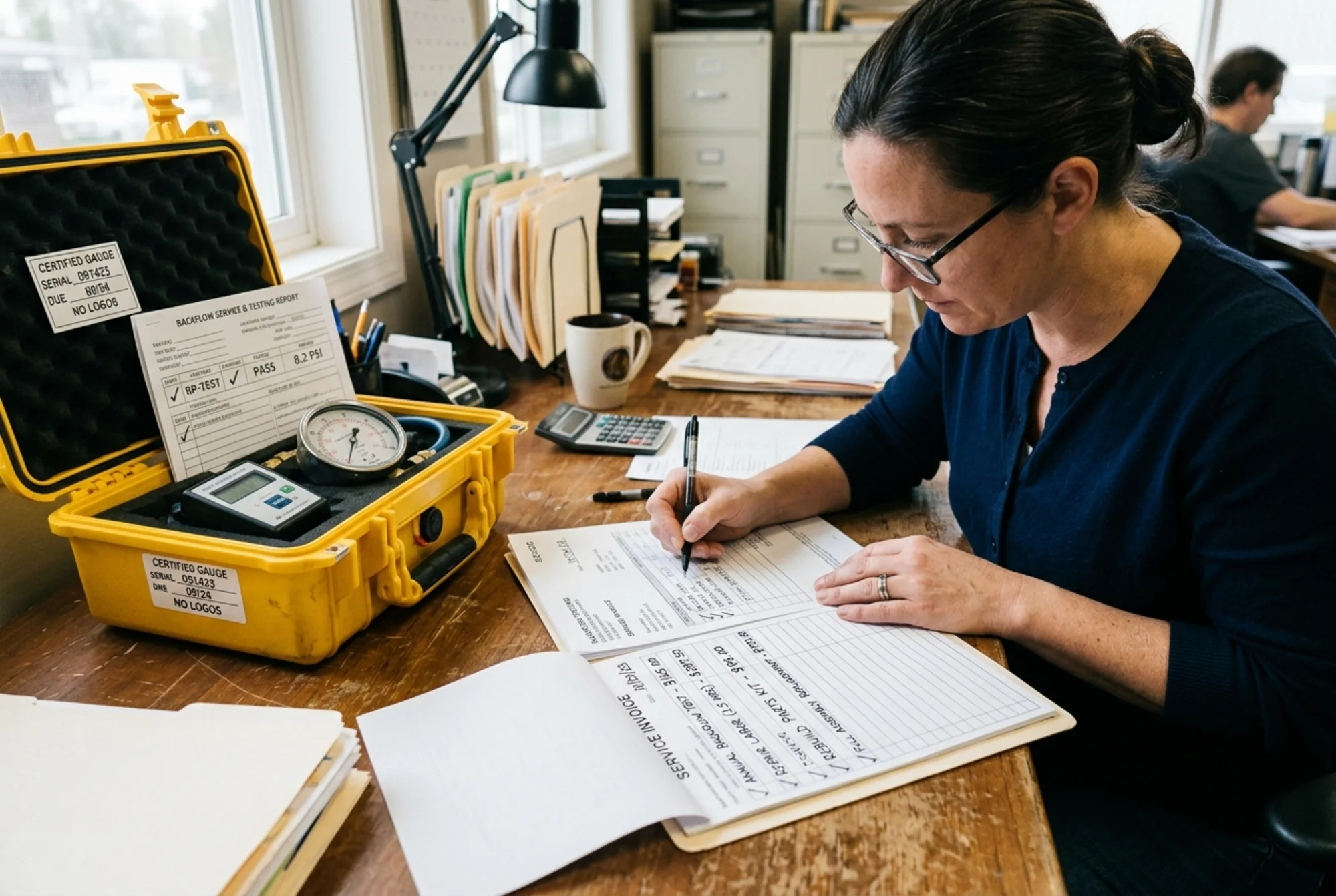Realistic close-up photo of a bookkeeper sorting a backflow testing invoice into line items for annual test, repair labor, rebuild parts, and full assembly replacement while a service report and calibrated gauge case sit nearby, natural indoor lighting, no visible logos or text overlay