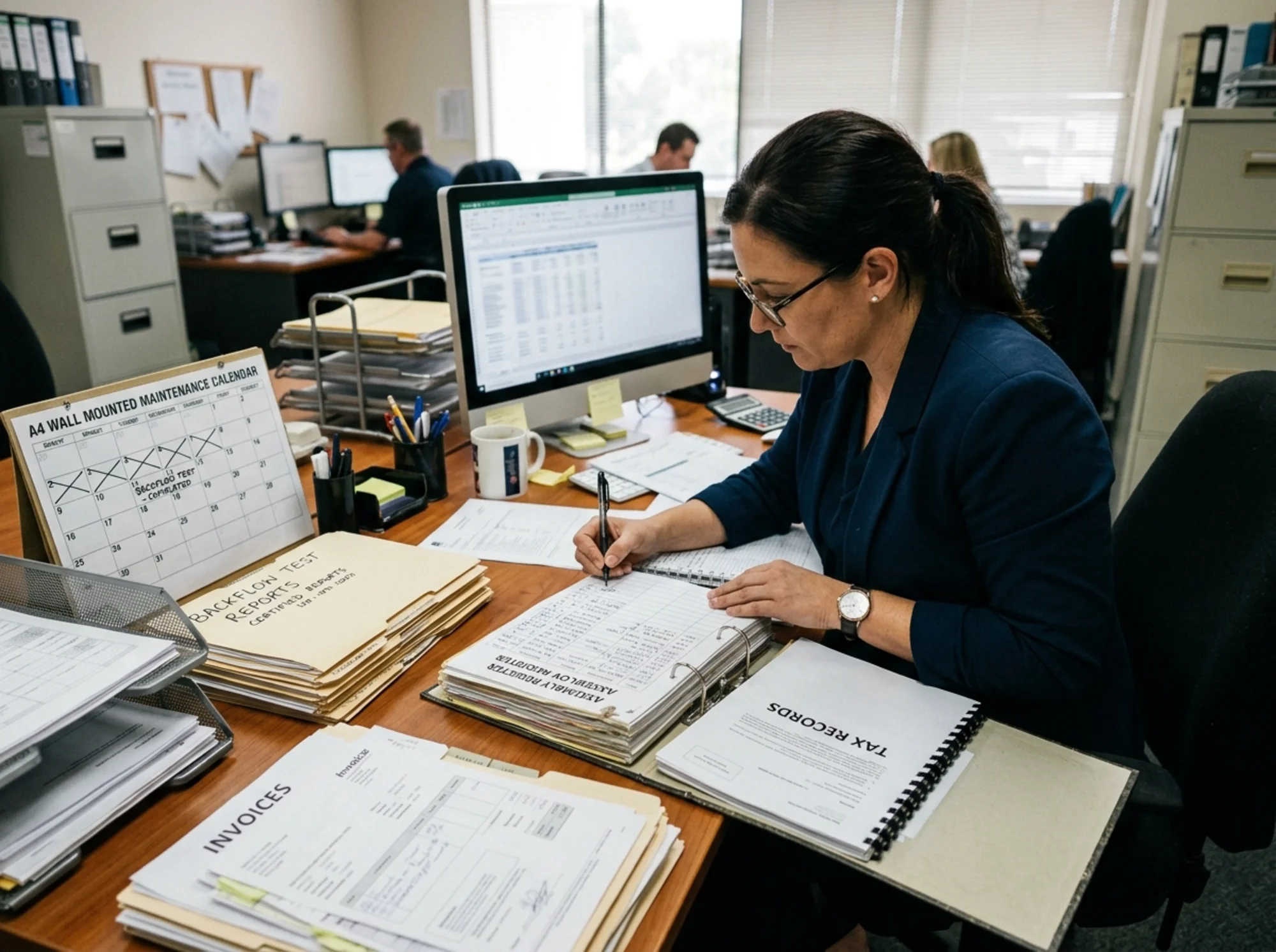 Documentary-style realistic photo of a property operations manager updating an assembly register and tax records after a completed backflow test, with organized invoices, filed test reports, and a maintenance calendar on a desk, natural office lighting, no logos or text