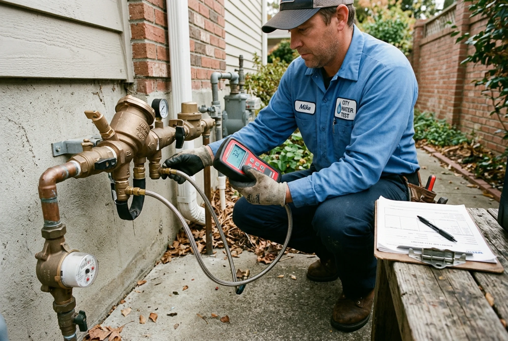 Technician using a digital differential pressure gauge connected to the test cocks of a reduced-pressure backflow assembly, with a clipboard and test report on a nearby surface