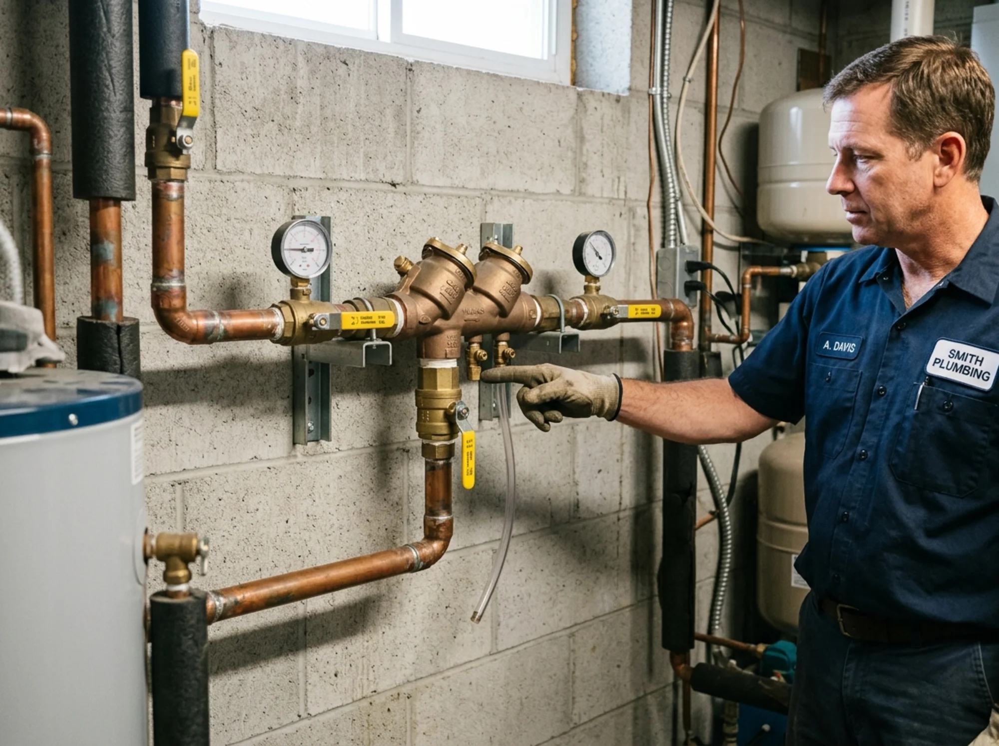 Hand pointing to test cocks and relief valve on a wall-mounted reduced pressure backflow assembly in a mechanical room, with copper supply pipes visible