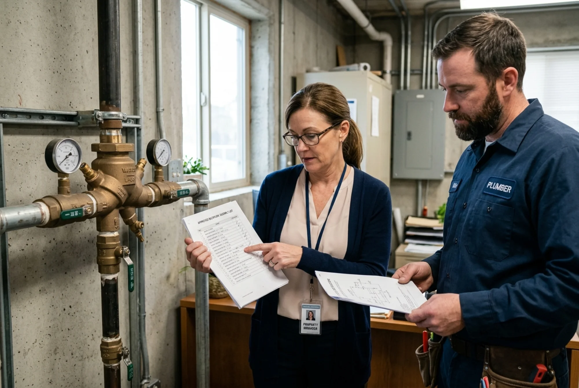 Realistic close-up photo of a property manager and plumber reviewing an approved backflow assembly list and specification paperwork beside an installed backflow preventer, natural office and utility setting, no logos, no text overlay