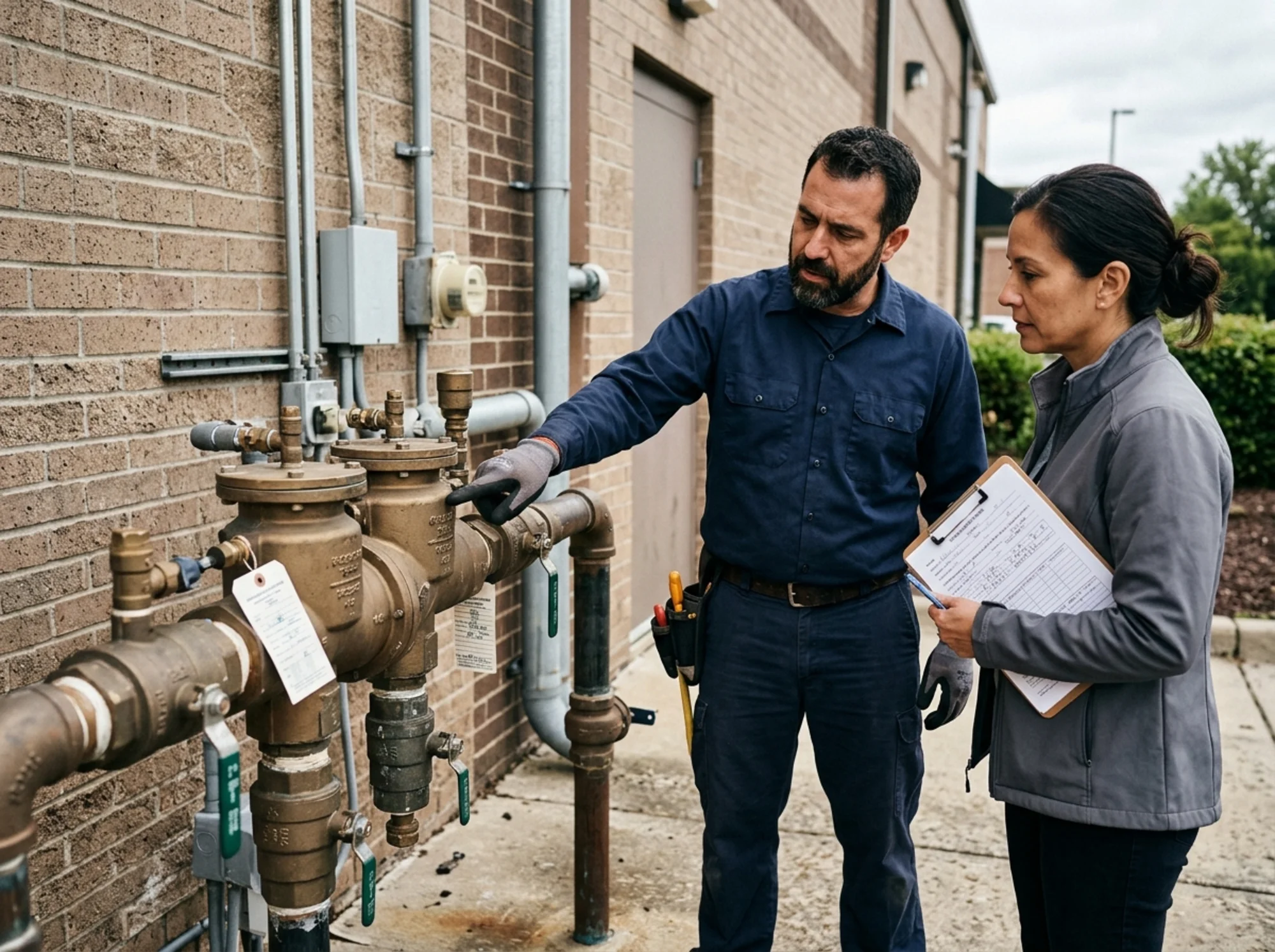 Documentary-style realistic photo of a certified backflow tester pointing at the model and size information on a backflow assembly while reviewing compliance paperwork with a property owner, natural lighting, no visible logos or text