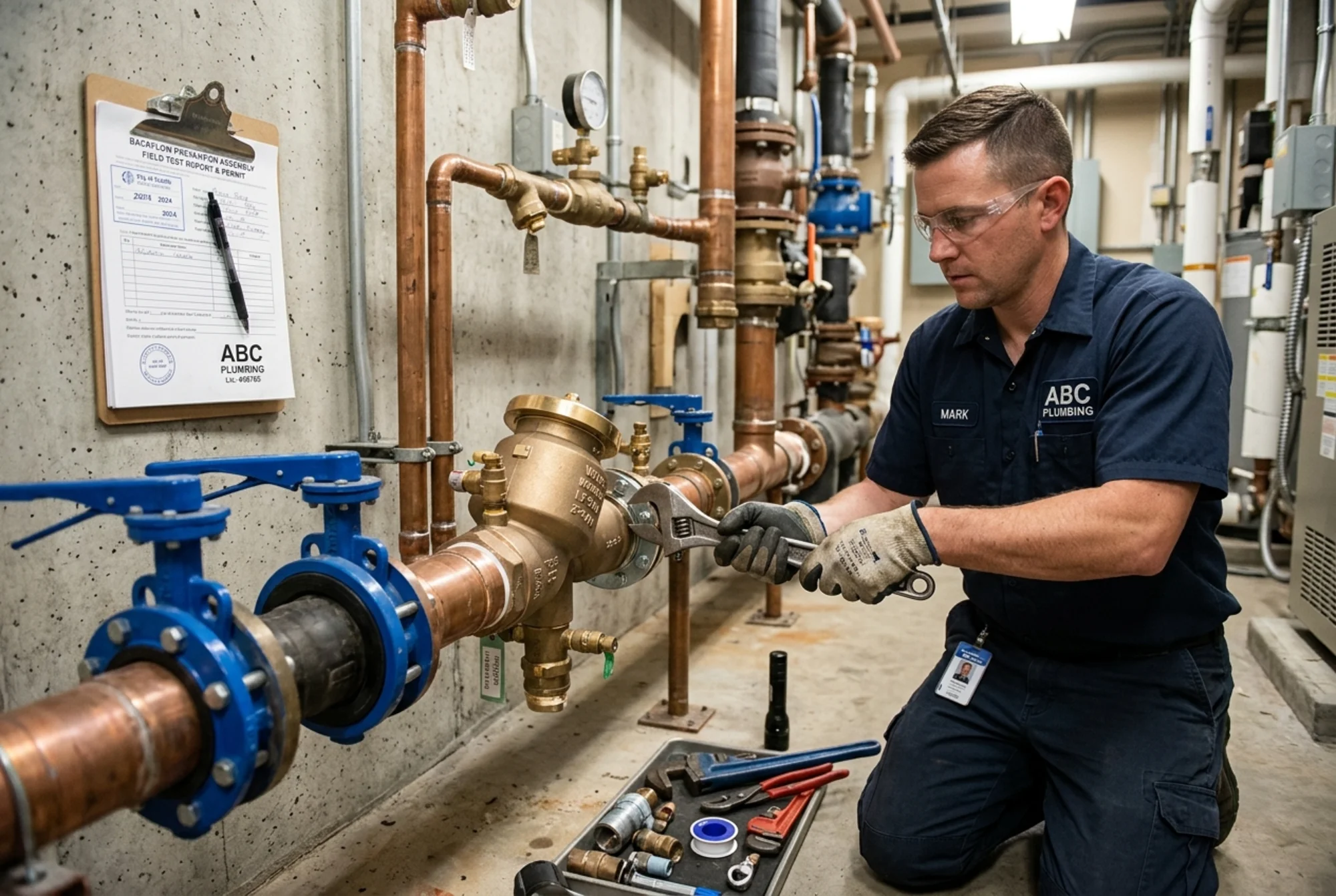 Realistic close-up photo of a licensed plumber replacing a commercial backflow prevention assembly in an accessible mechanical room, with shutoff valves, fittings, and permit paperwork on a clipboard nearby, natural indoor lighting, no text overlay