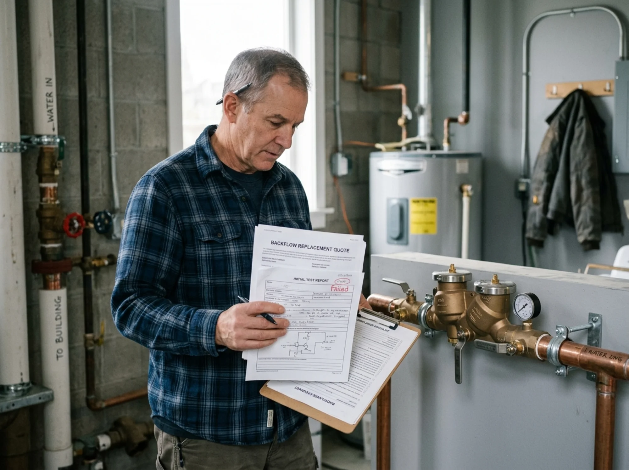 Documentary-style realistic photo of a property owner reviewing a detailed backflow replacement quote, initial test report, and compliance checklist beside a newly installed assembly, natural office lighting, no logos or text