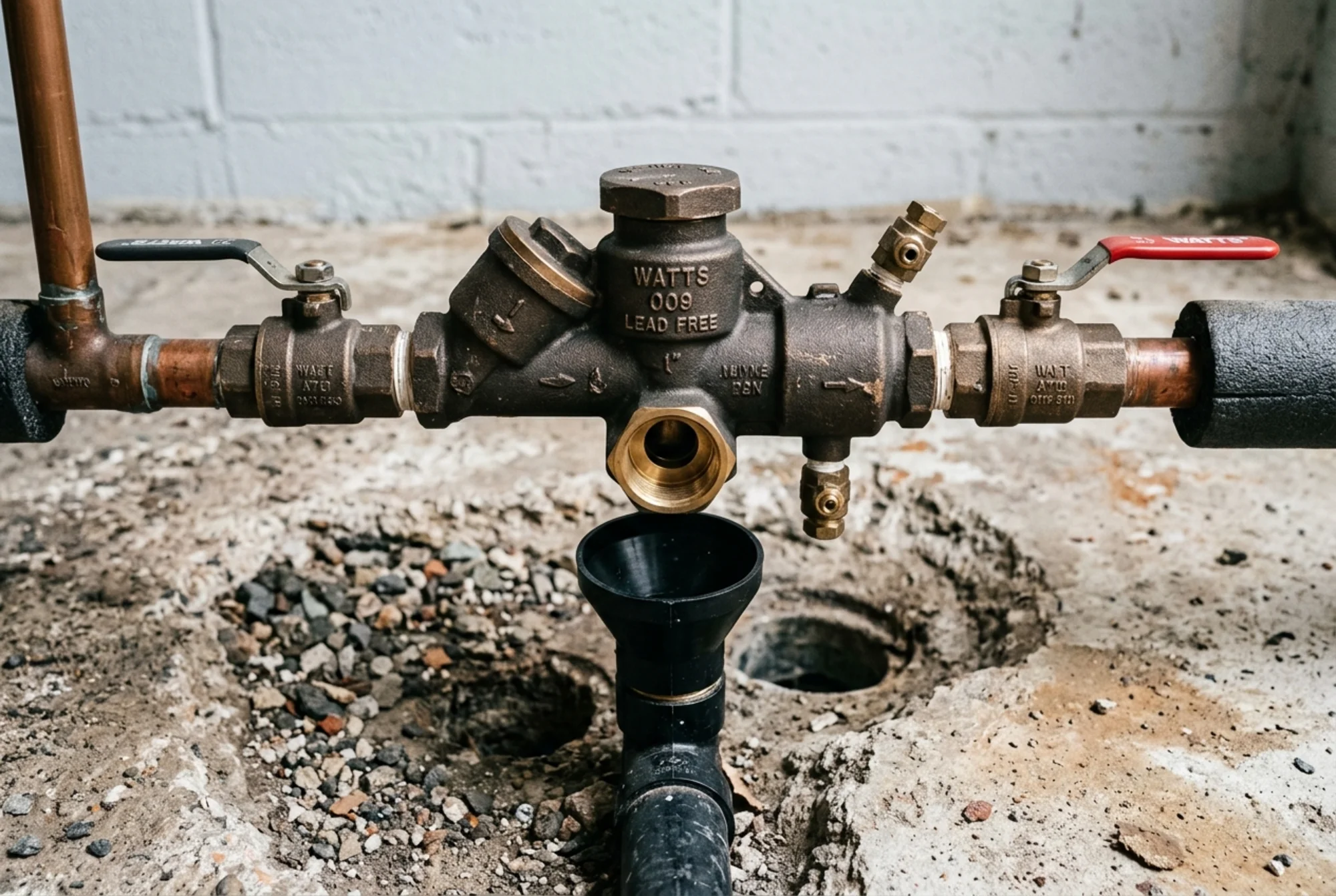 Close-up of an RPZ backflow preventer assembly installed on a pipe near ground level, showing the relief valve opening at the bottom of the unit between two shutoff valves
