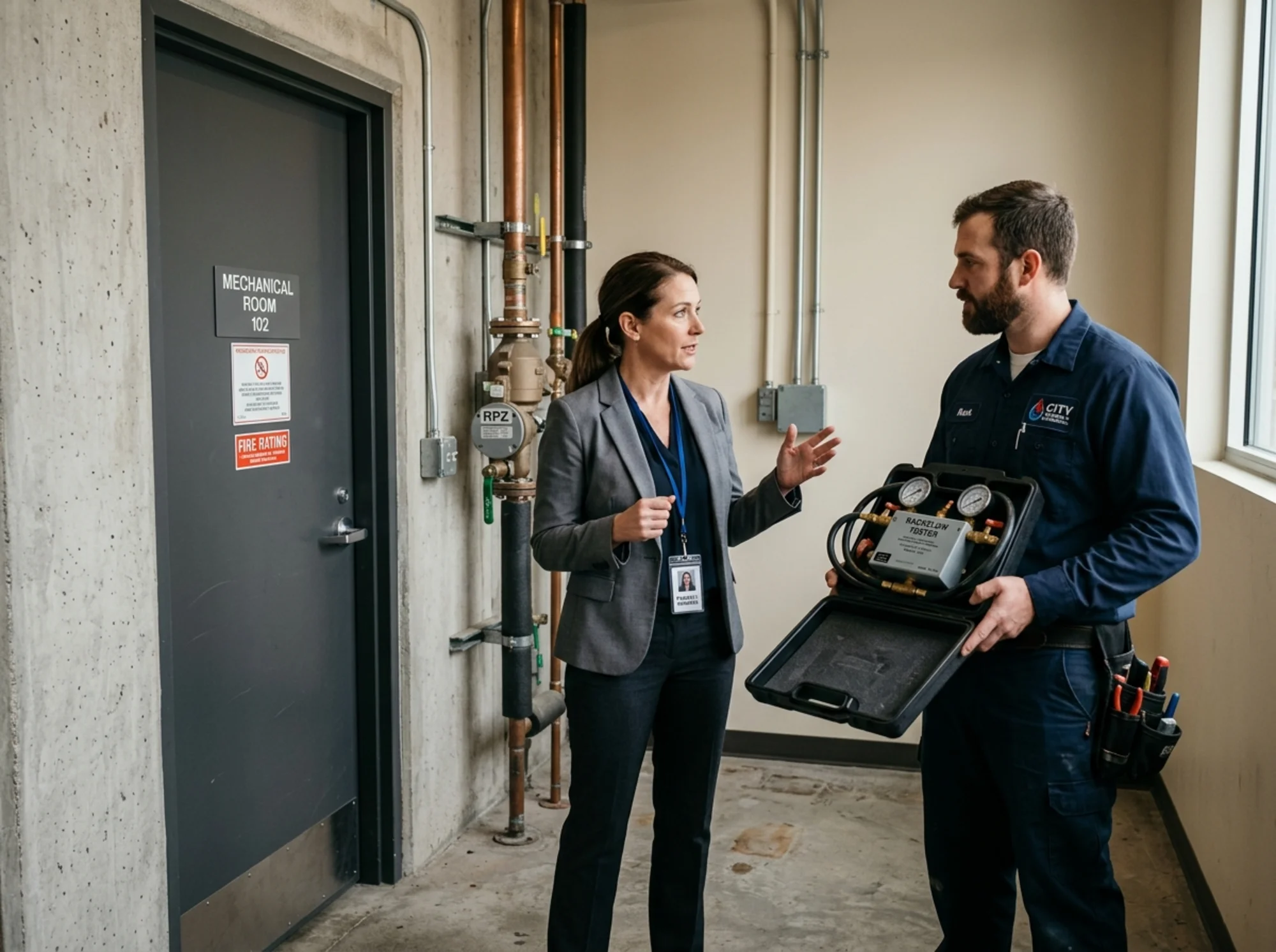 A property manager standing near a mechanical room door, speaking with a uniformed plumbing technician who is holding a backflow test kit