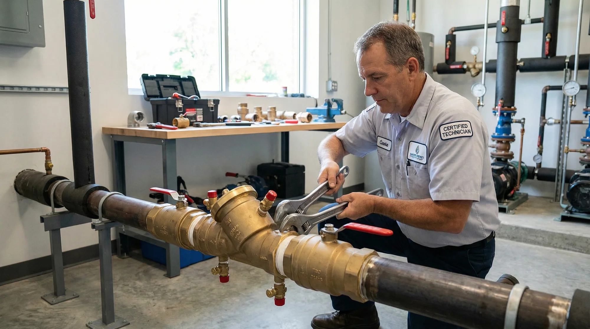 Technician installing a backflow prevention assembly on a commercial water service line