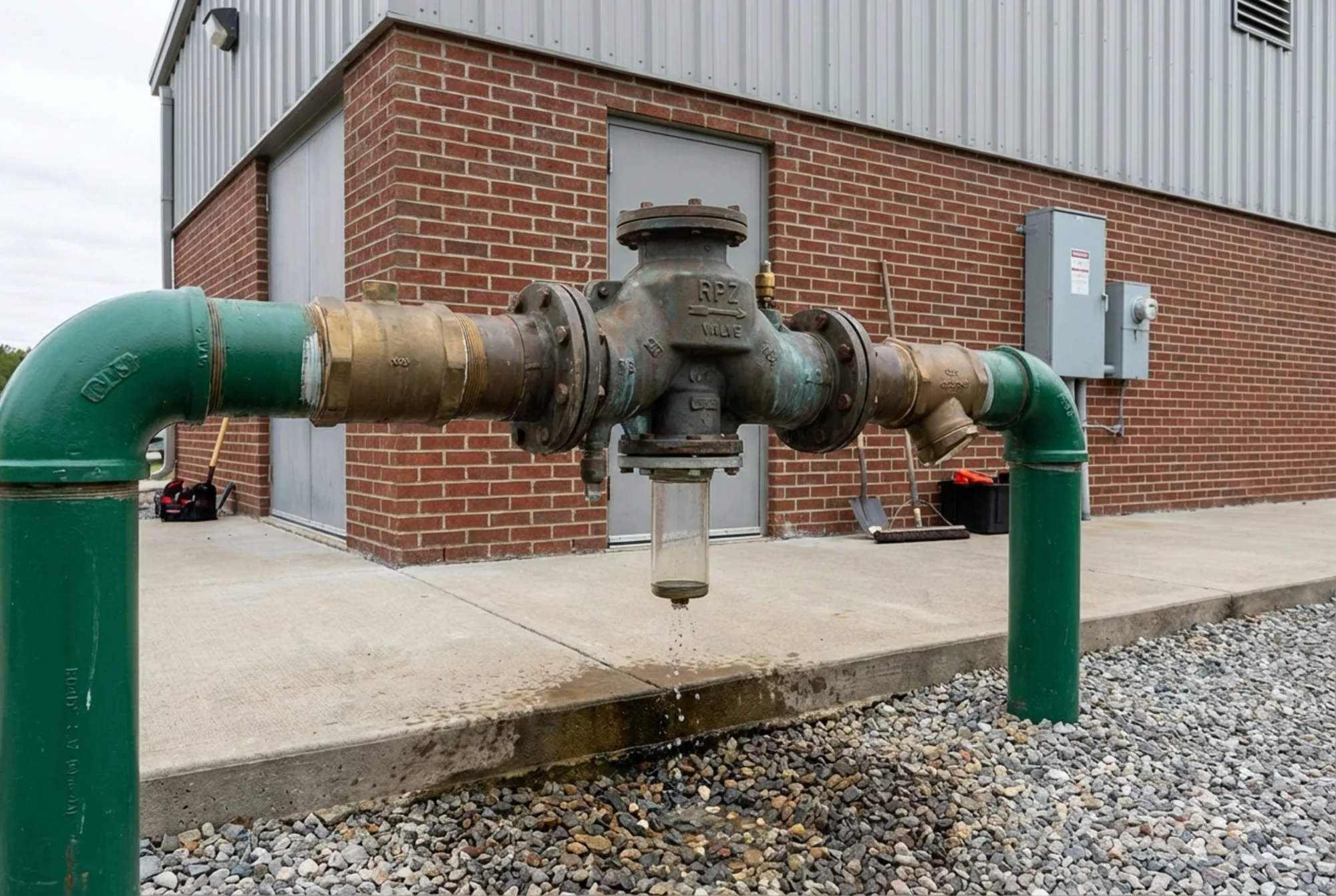 Outdoor reduced pressure zone backflow assembly with drainage and service clearance