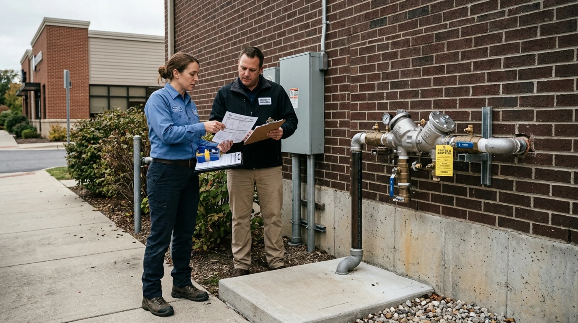 Certified backflow tester and property manager reviewing replacement paperwork beside a newly installed commercial backflow preventer