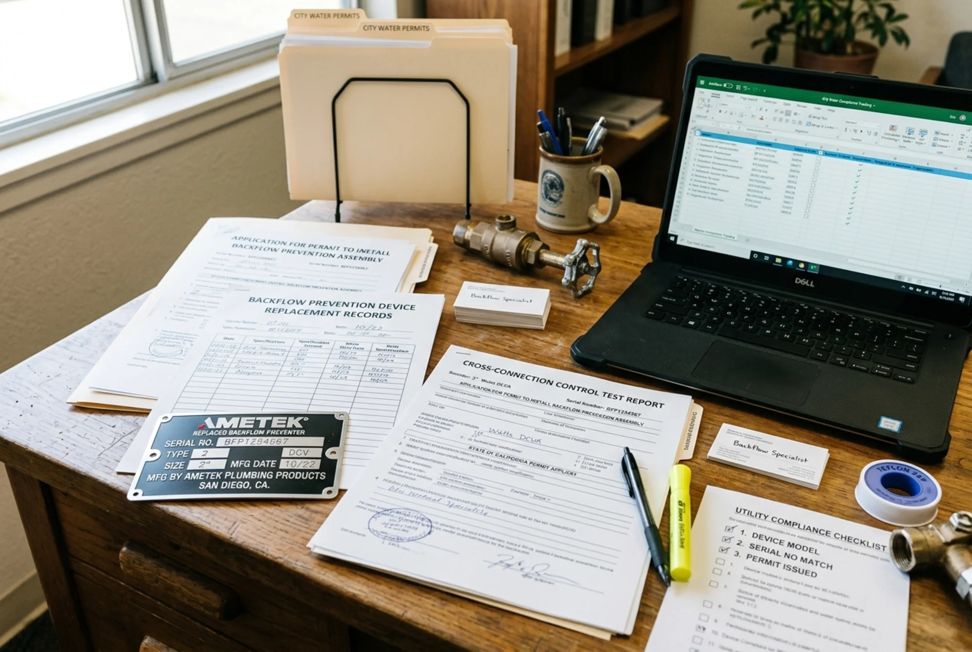 Backflow replacement documents, serial number plate photo, permit forms, and utility compliance checklist arranged on an office desk beside a laptop