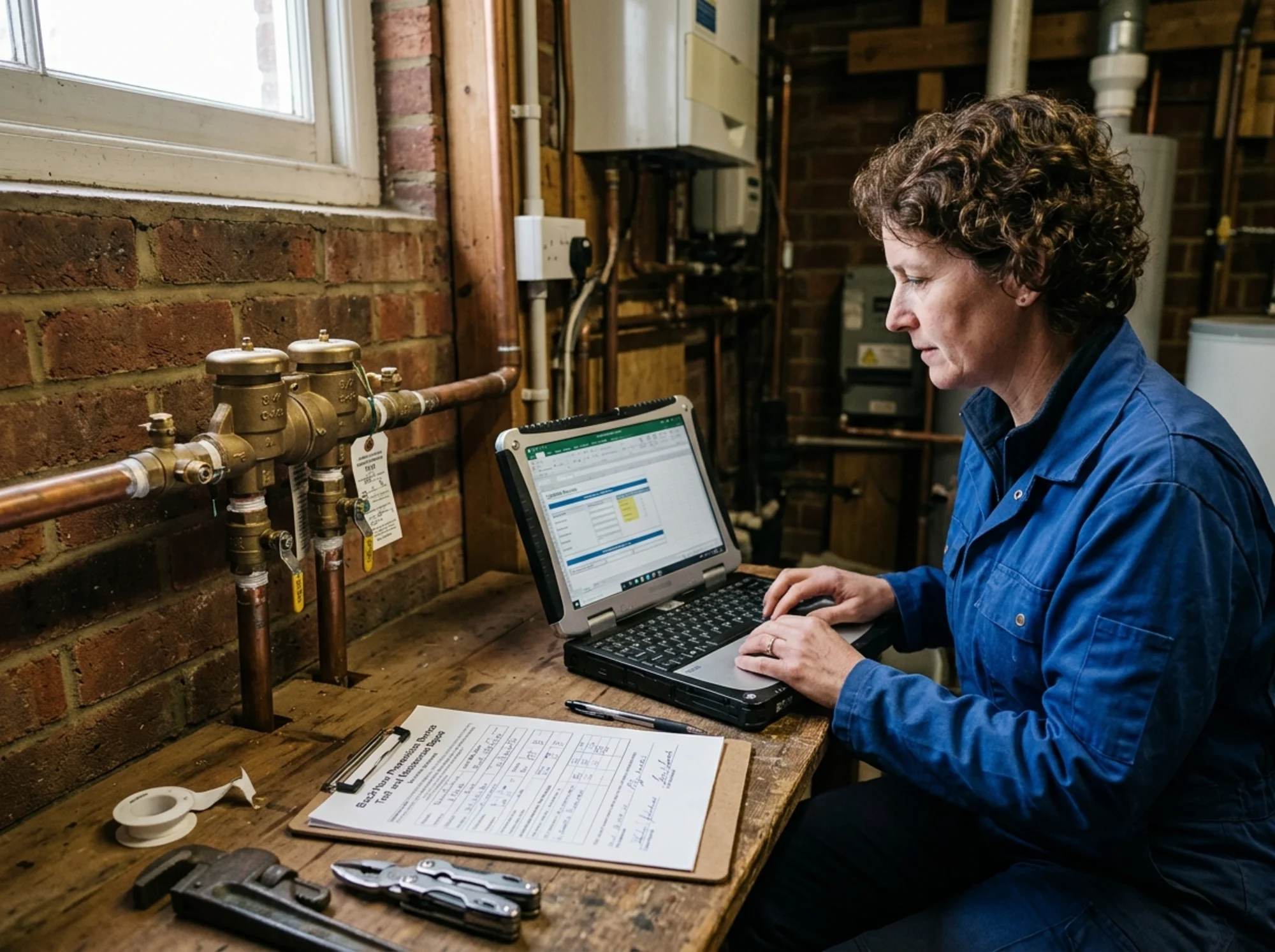 Property owner confirming updated utility records on a laptop while a newly installed backflow preventer and completed field paperwork sit nearby