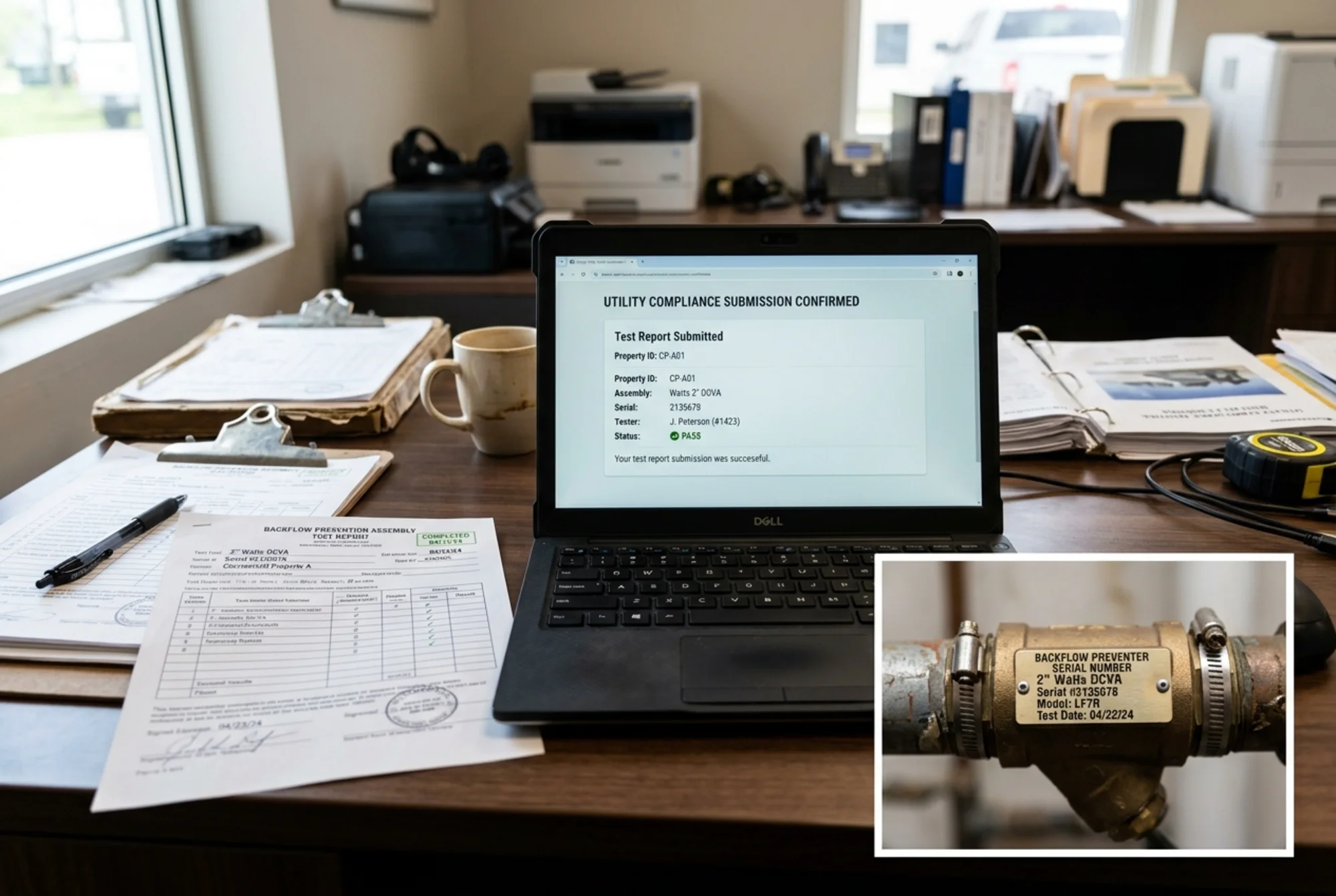 Completed backflow test report, laptop confirmation screen, and serial number tag photo arranged on a desk for utility follow-up