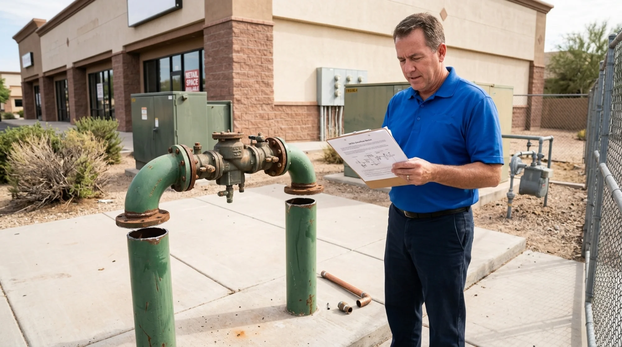 Property manager reviewing a utility backflow notice beside an empty pipe location where a backflow assembly was previously installed