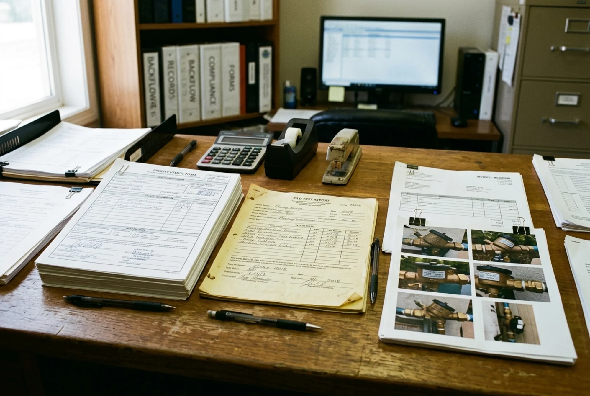 Organized backflow compliance paperwork on a desk with an old test report, removal invoice, serial number photos, and a facility update form, realistic office scene, no readable text