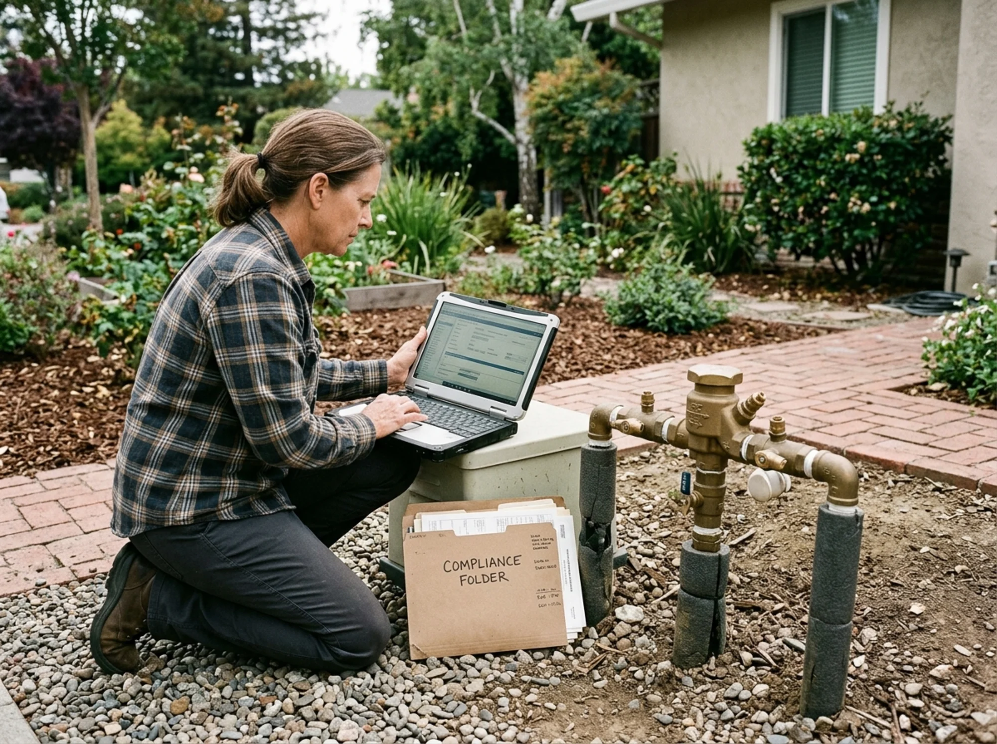 Property owner confirming updated utility backflow records on a laptop beside capped irrigation piping and a labeled compliance folder, realistic natural lighting, no readable text
