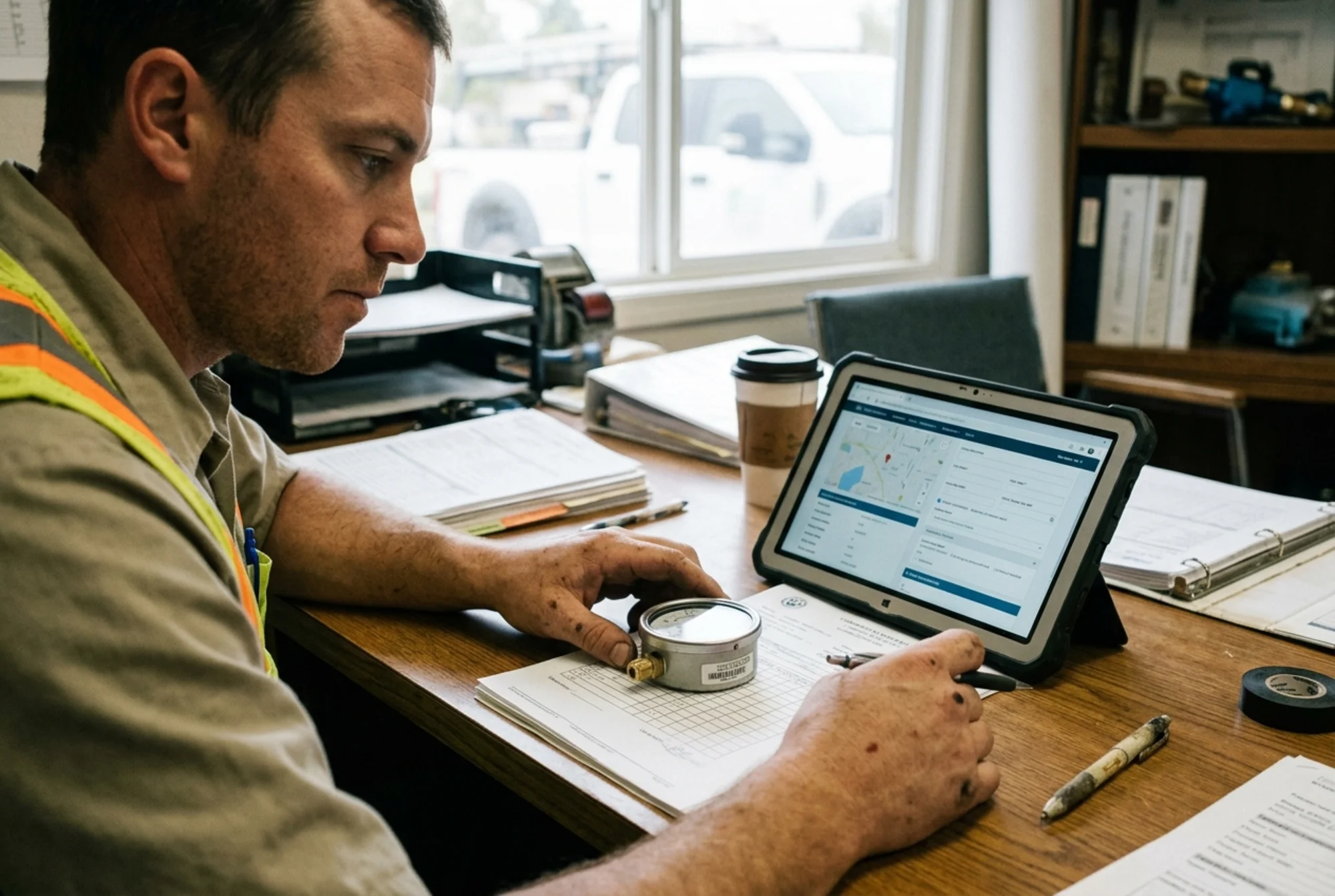 Certified backflow tester organizing a gauge serial number photo, calibration certificate, and utility portal submission details on a desk
