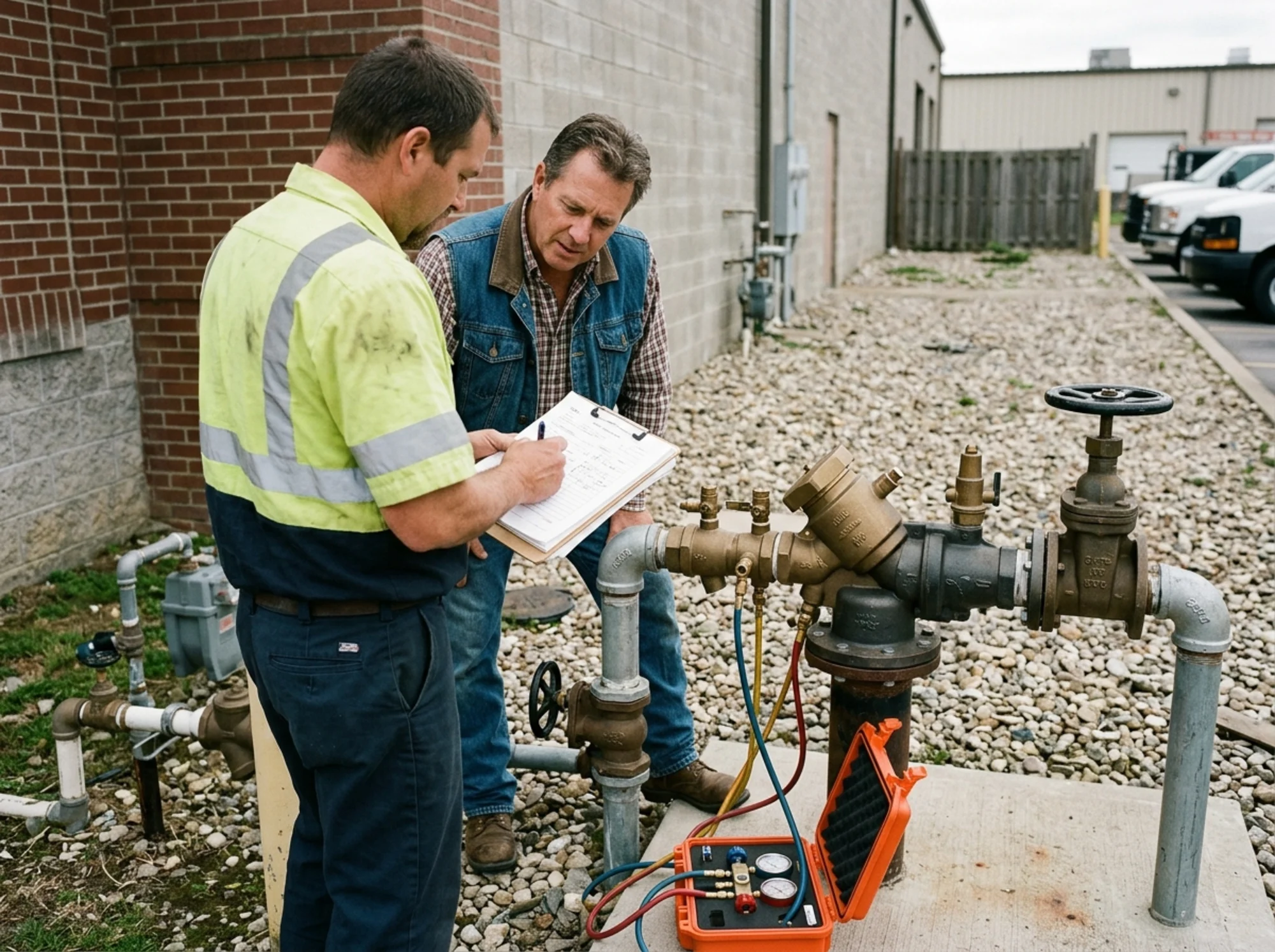 Property owner and an approved backflow tester reviewing a corrected test packet beside a commercial water service assembly