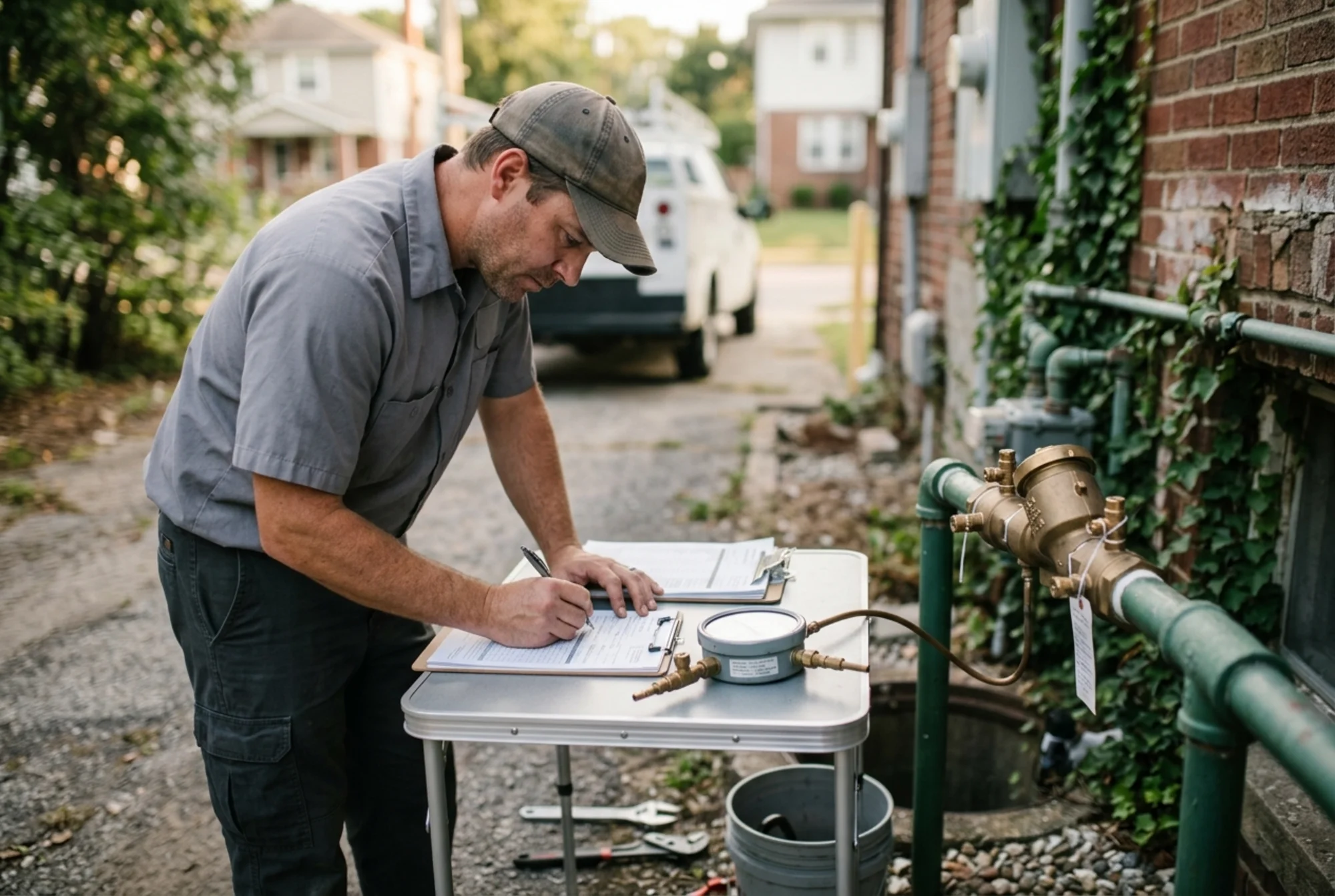 Certified backflow tester completing retest paperwork with a calibrated gauge and repaired backflow assembly nearby