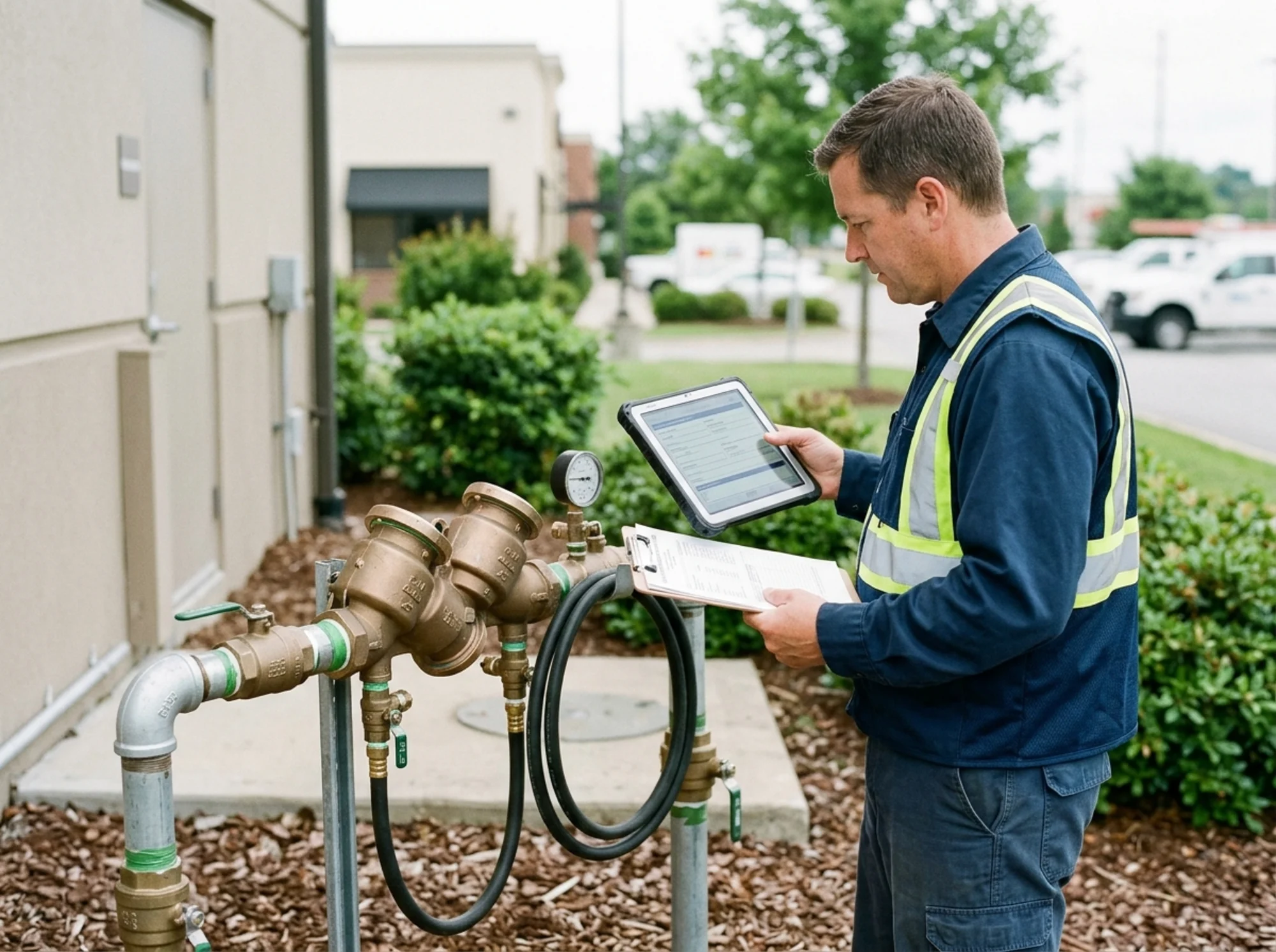 Utility compliance reviewer checking a passing retest report and online submission beside an outdoor backflow assembly