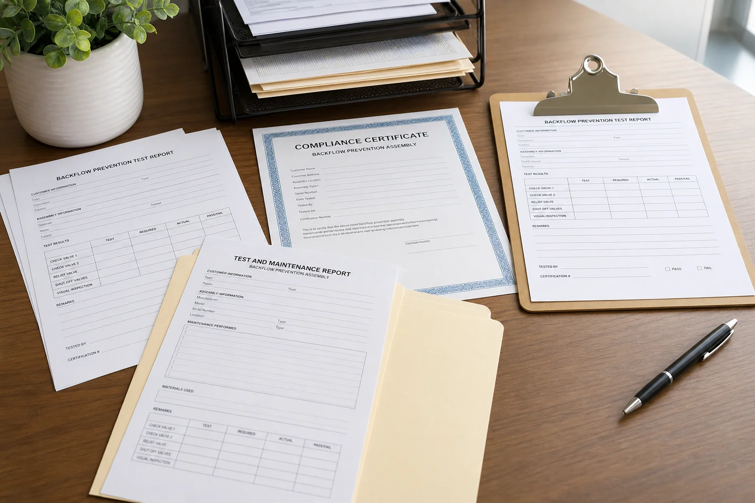Property owner and certified backflow tester comparing a generic test report to a utility-specific backflow form beside an outdoor assembly