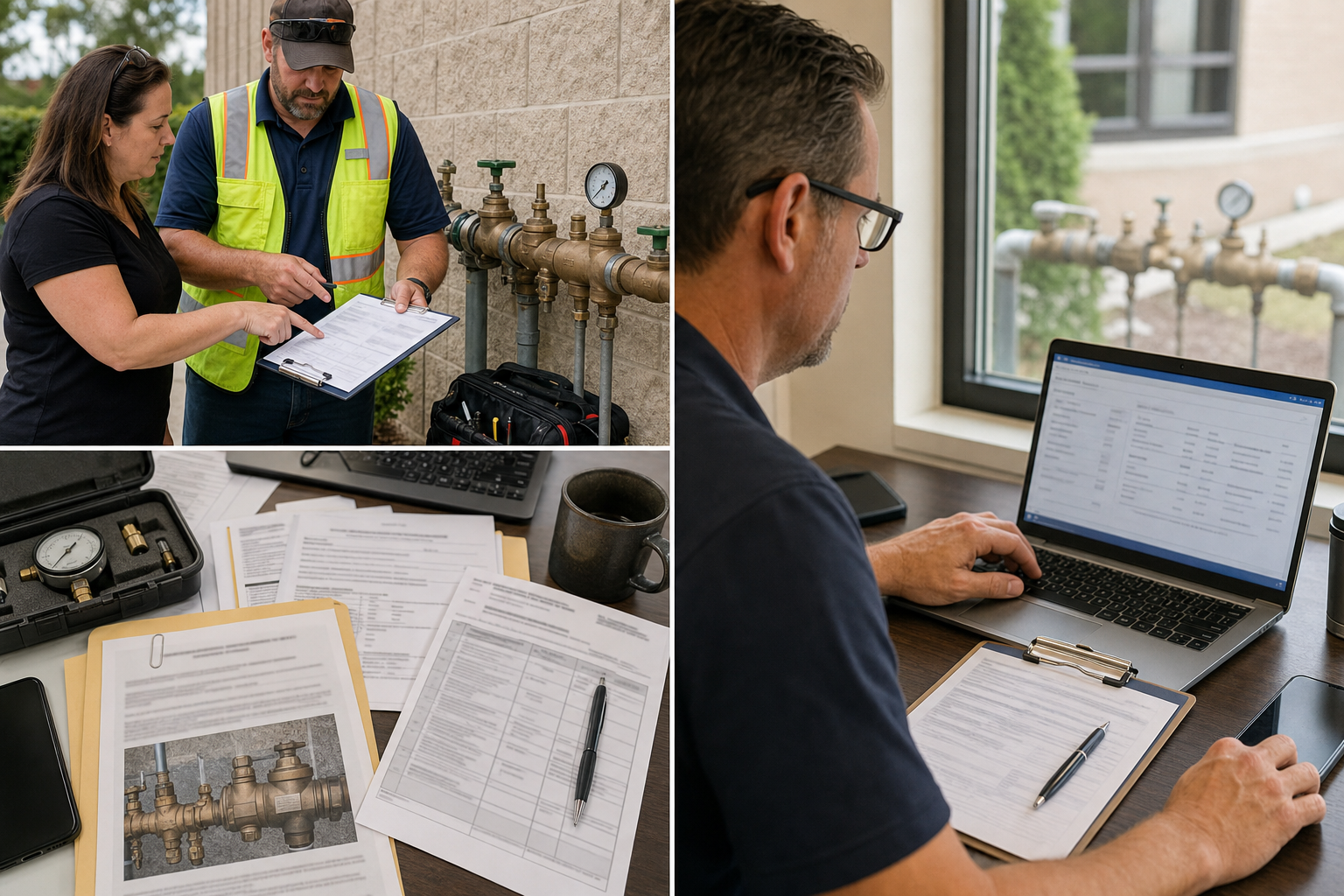 Utility backflow form checklist and submission documents on a desk
