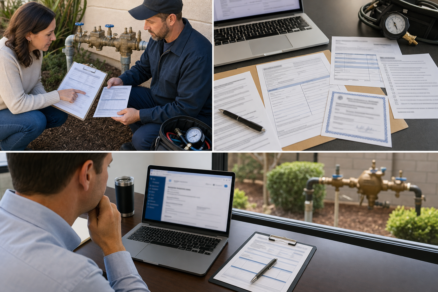 Property manager reviewing utility portal confirmation on laptop