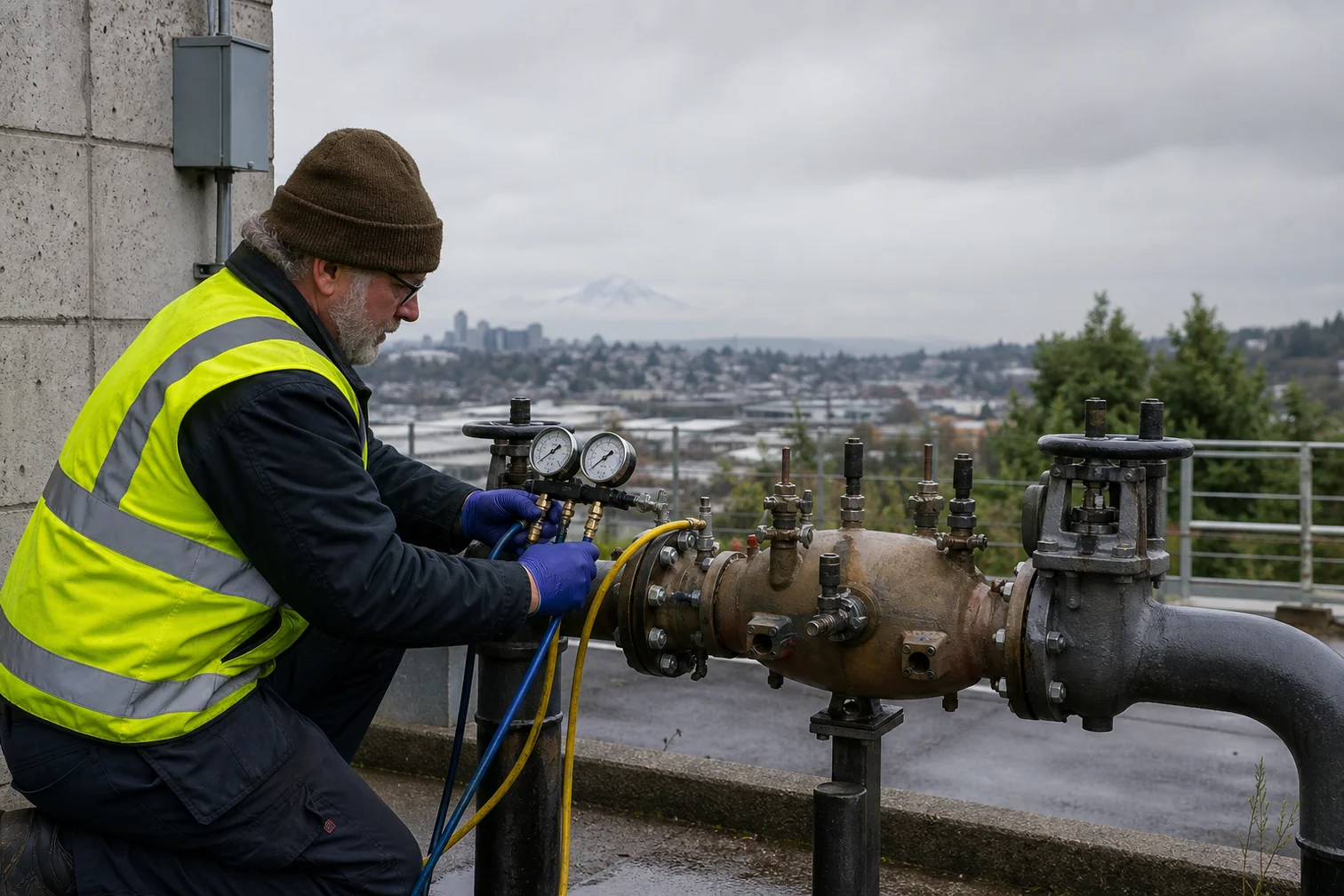 Certified tester inspecting a reduced pressure backflow assembly on a commercial water line in Washington State