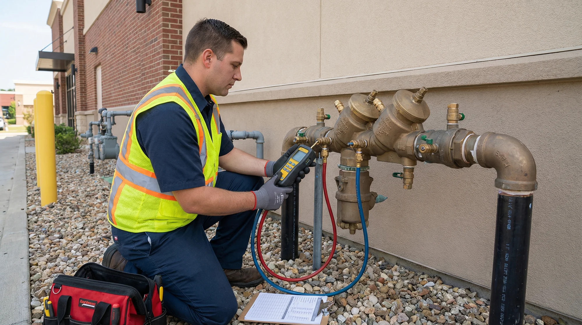Certified backflow tester connecting a differential pressure gauge to an outdoor RPZ assembly at a commercial property