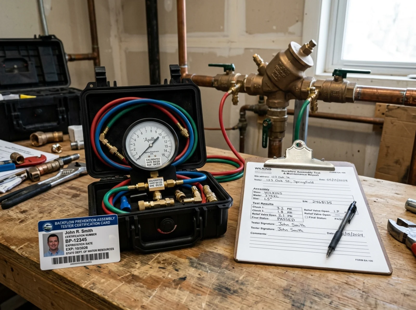 Backflow tester certification card, calibrated gauge kit, and completed compliance paperwork on a work table