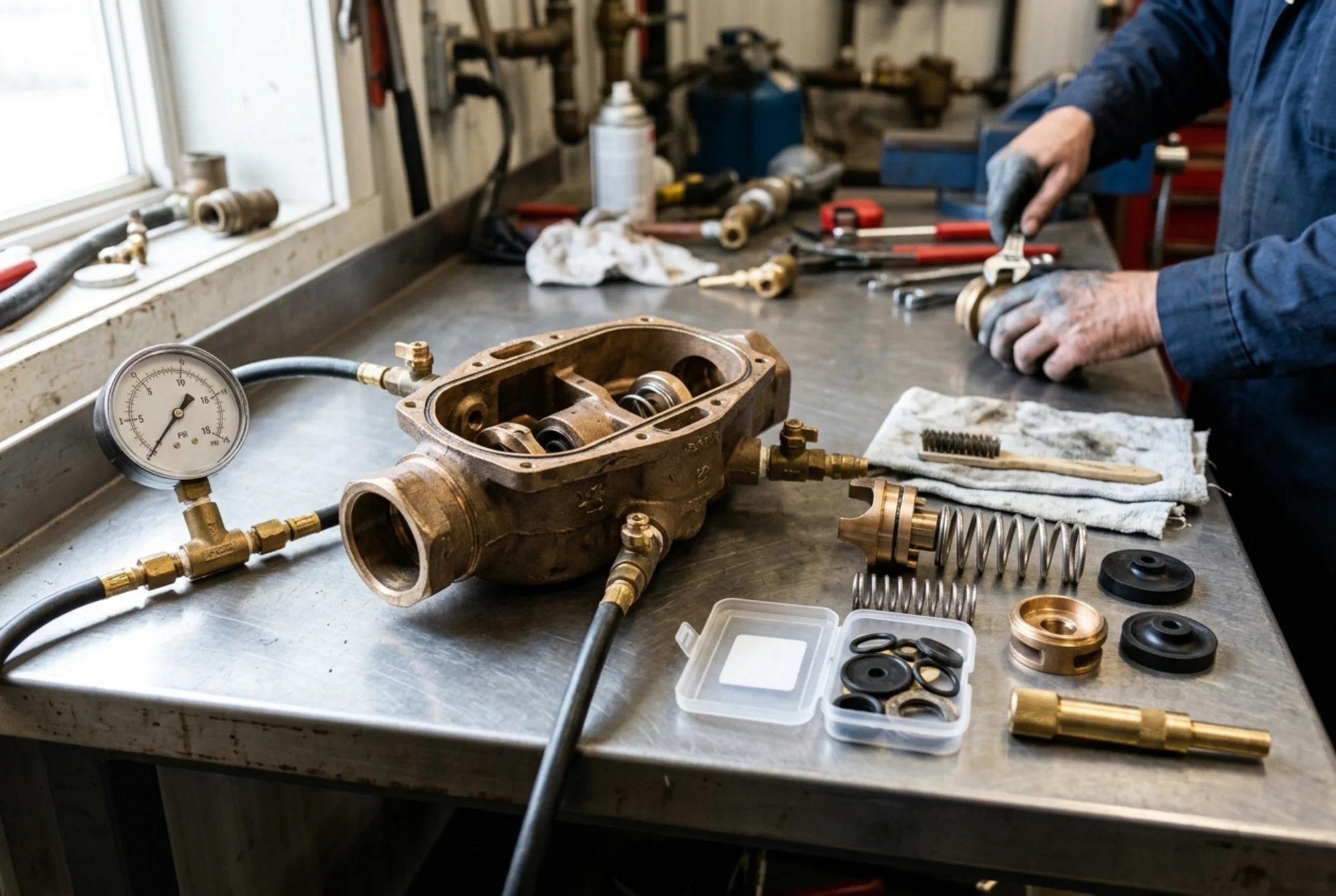 Close-up realistic photo of a backflow assembly opened for maintenance on a clean work surface, with internal check assemblies, springs, rubber kits, and test gauges visible, documentary style, no brand emphasis