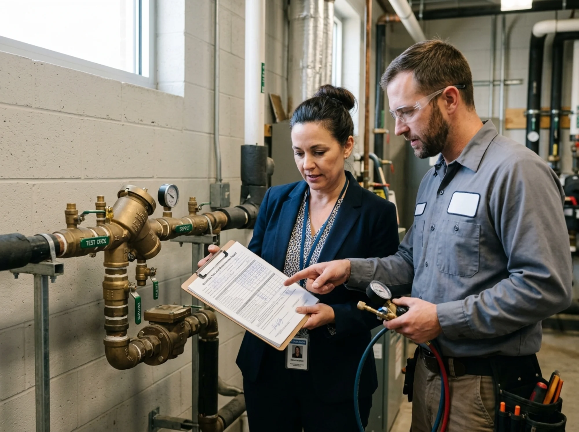 Realistic photo of a property manager reviewing a completed backflow test and maintenance report with a certified technician beside a rebuilt water assembly, natural lighting, no visible logos or text overlay