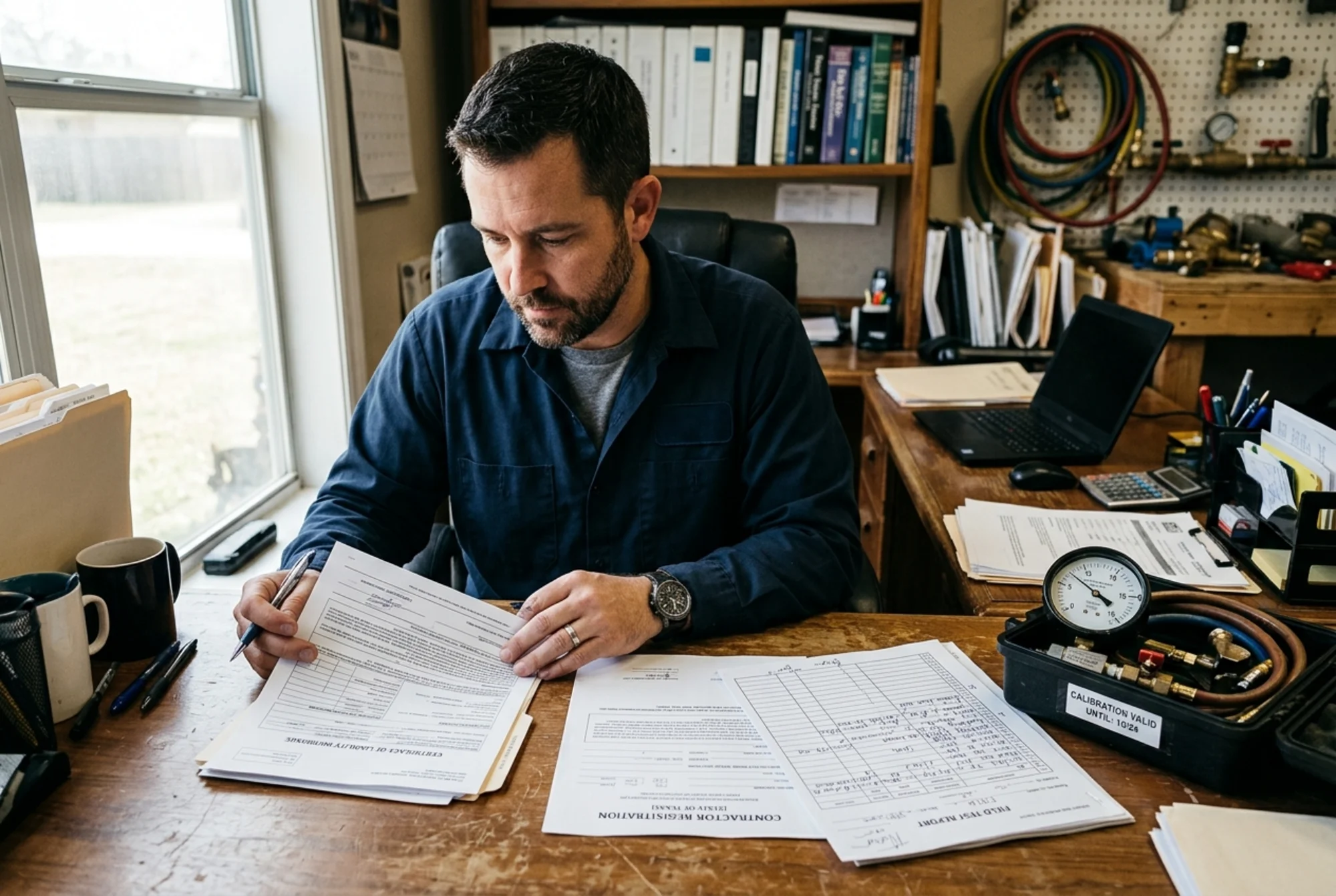 Realistic close-up photo of a backflow testing business owner at a desk reviewing a certificate of insurance, contractor registration papers, and a field test report beside a calibrated differential pressure gauge, natural indoor lighting, no visible logos or text overlay