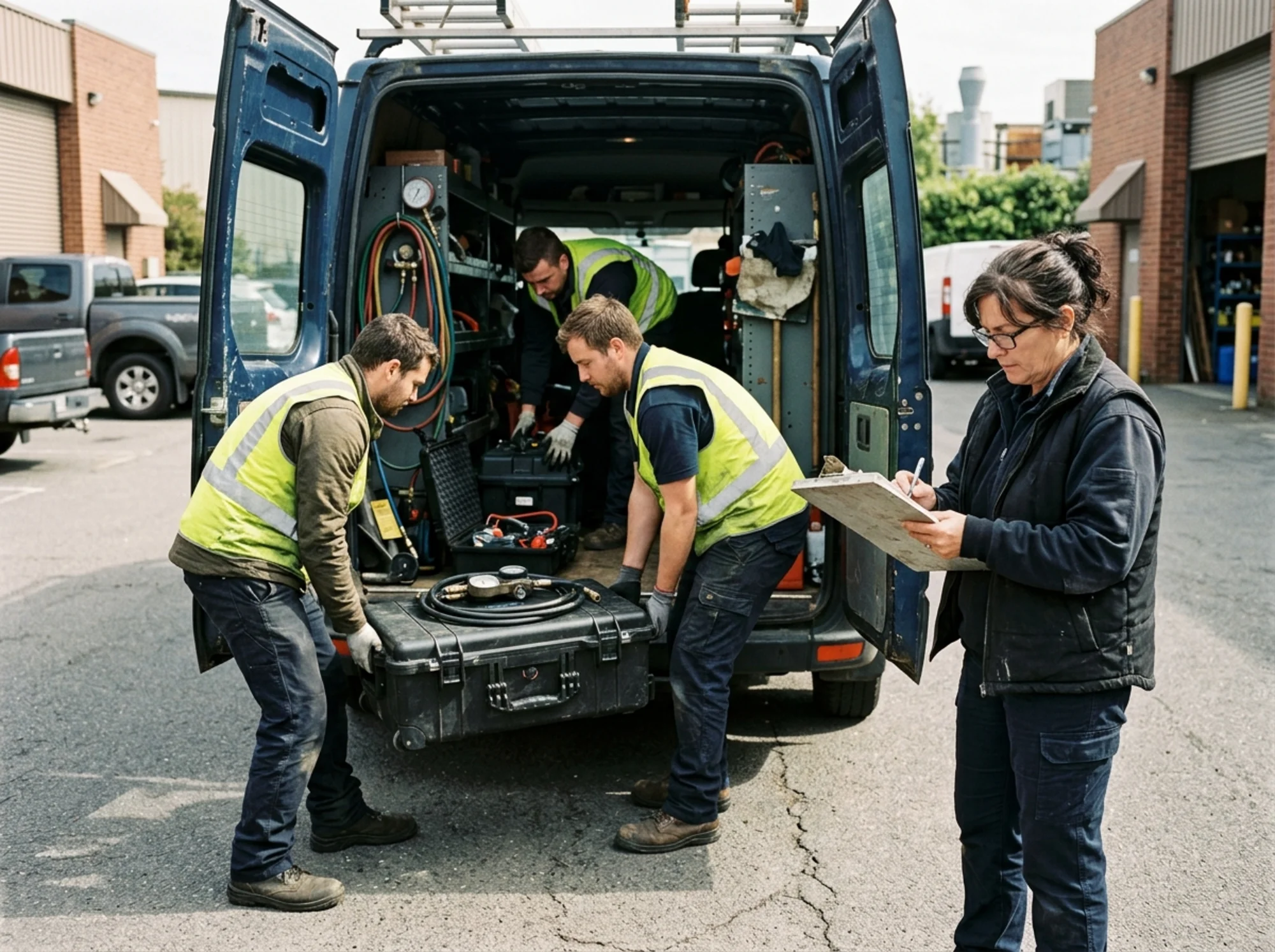 Documentary-style realistic photo of a small backflow testing company team loading test equipment into a service van while a manager reviews a coverage checklist and customer vendor requirements on a clipboard, natural lighting, no logos or text