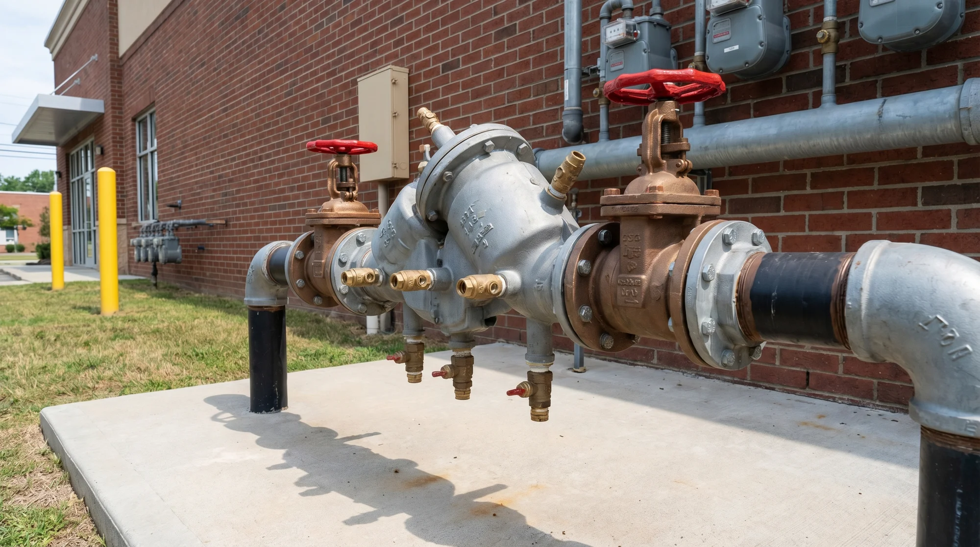 Testable backflow prevention assembly installed above ground with visible shutoff valves and test cocks