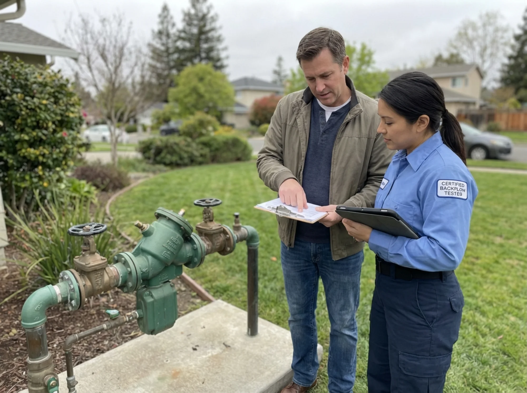 Property owner reviewing a backflow test report with a certified tester beside an outdoor irrigation assembly