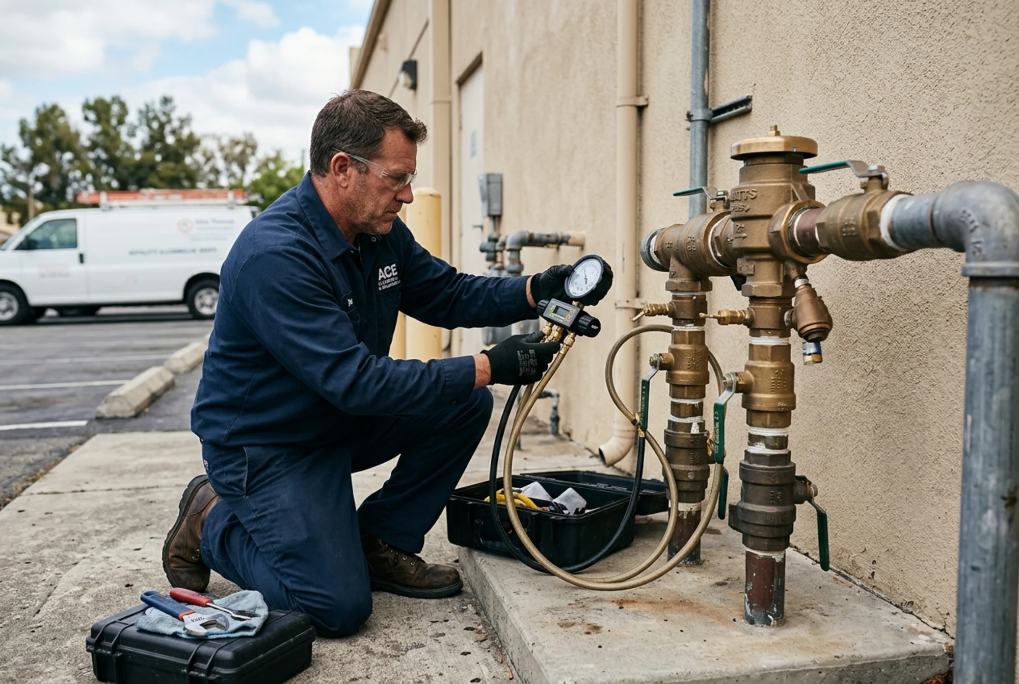 A plumber using a pressure gauge and flow measurement tool to evaluate water pressure at an outdoor commercial backflow preventer test station