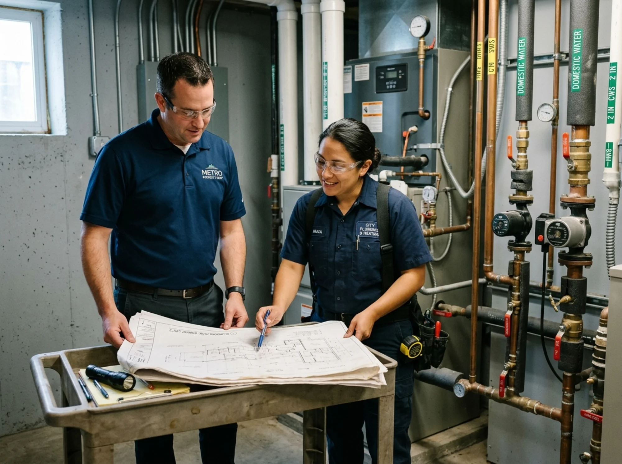 A property manager and a licensed plumber reviewing building plans together near a mechanical room with visible water supply piping