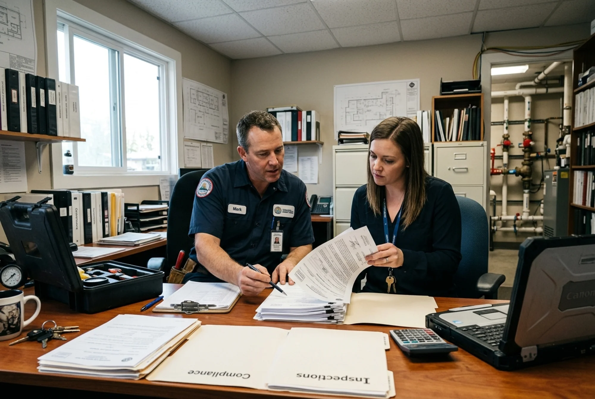 Property manager and certified backflow tester reviewing approval paperwork in an office with documents turned away and no visible readable text