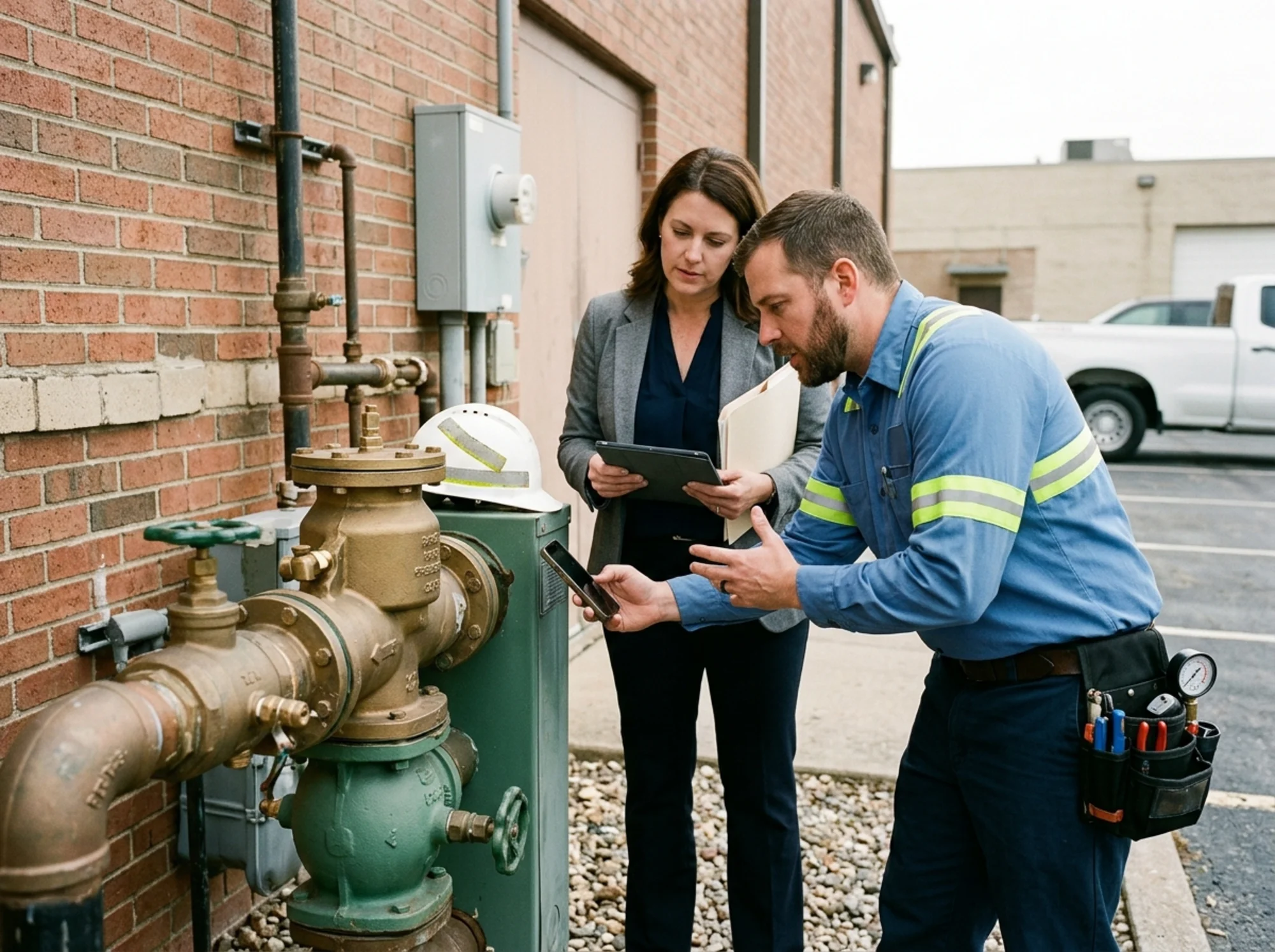 Certified backflow tester at a commercial property photographing an assembly serial tag while discussing utility submission steps with a property manager